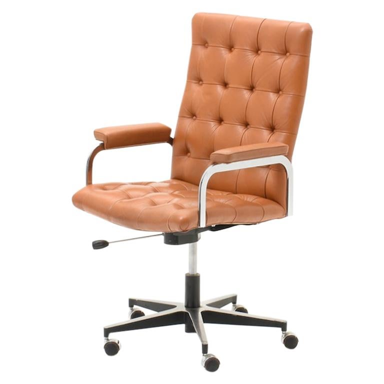 Robert Haussmann Tufted Leather Office Chair Swiss Design 1960 Cognac Colored For Sale