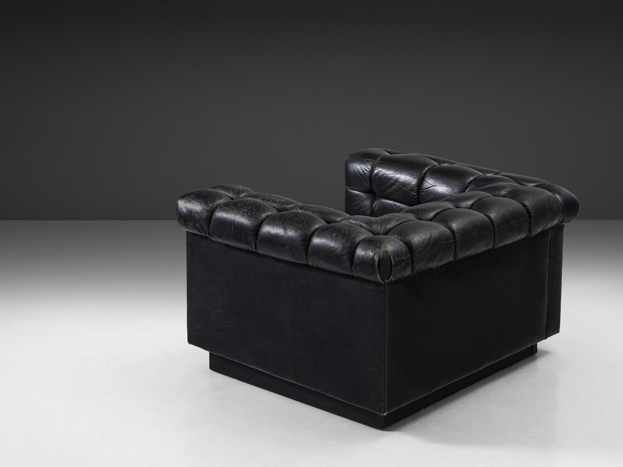 Mid-Century Modern Robert Haussmann Tufted Lounge Chair in Black Leather