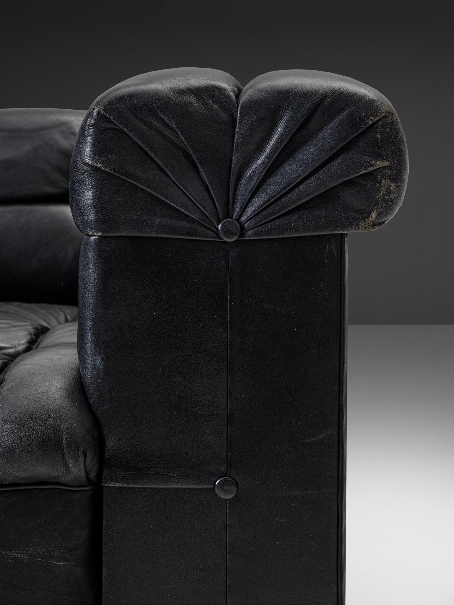 Robert Haussmann Tufted Lounge Chair in Black Leather In Good Condition In Waalwijk, NL