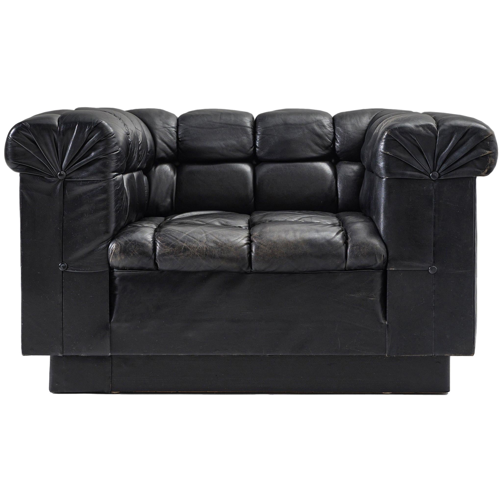 Robert Haussmann Tufted Lounge Chair in Black Leather