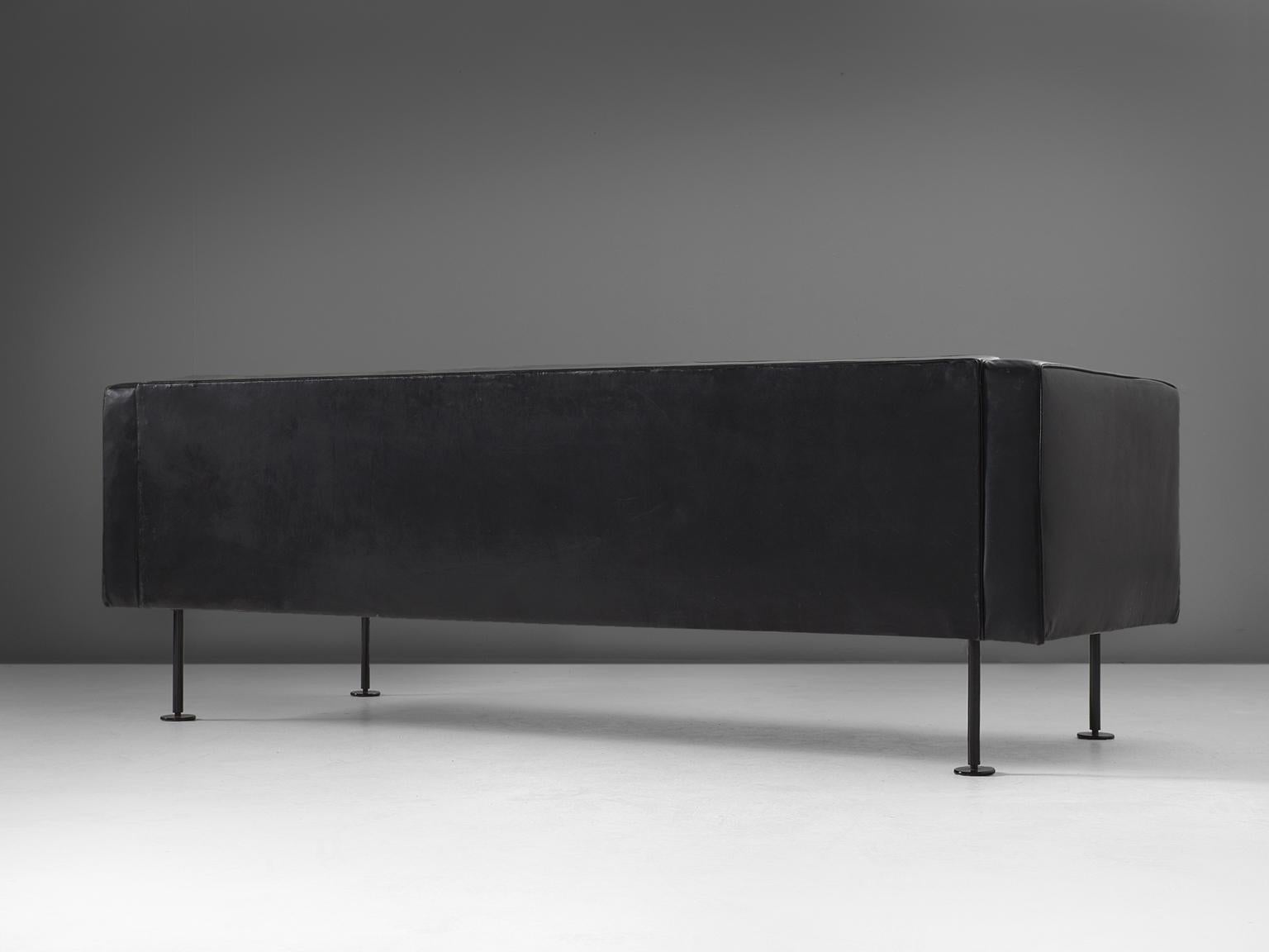 Mid-Century Modern Robert Haussmann Tufted Sofa in Black Leather