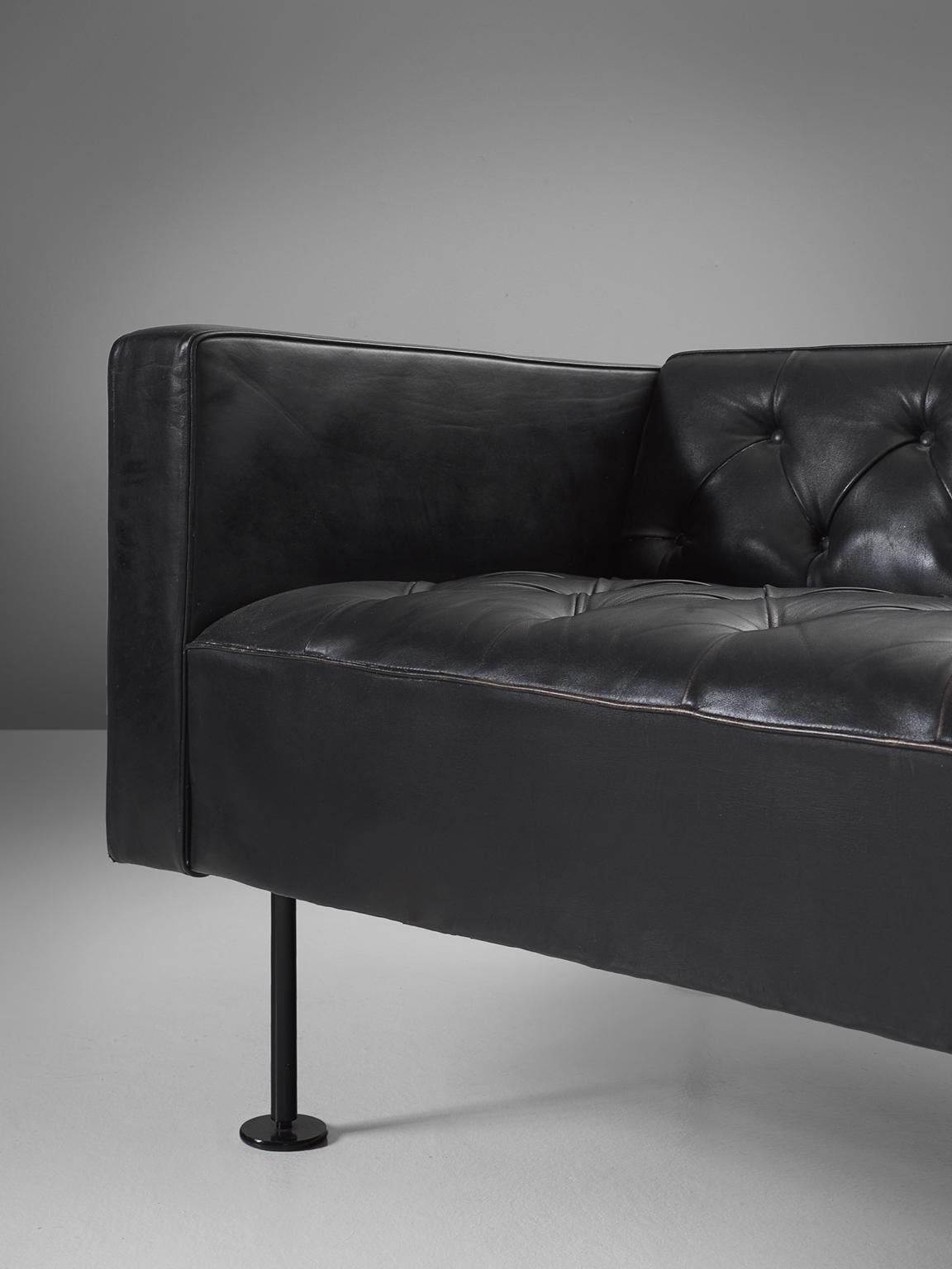 Swiss Robert Haussmann Tufted Sofa in Black Leather