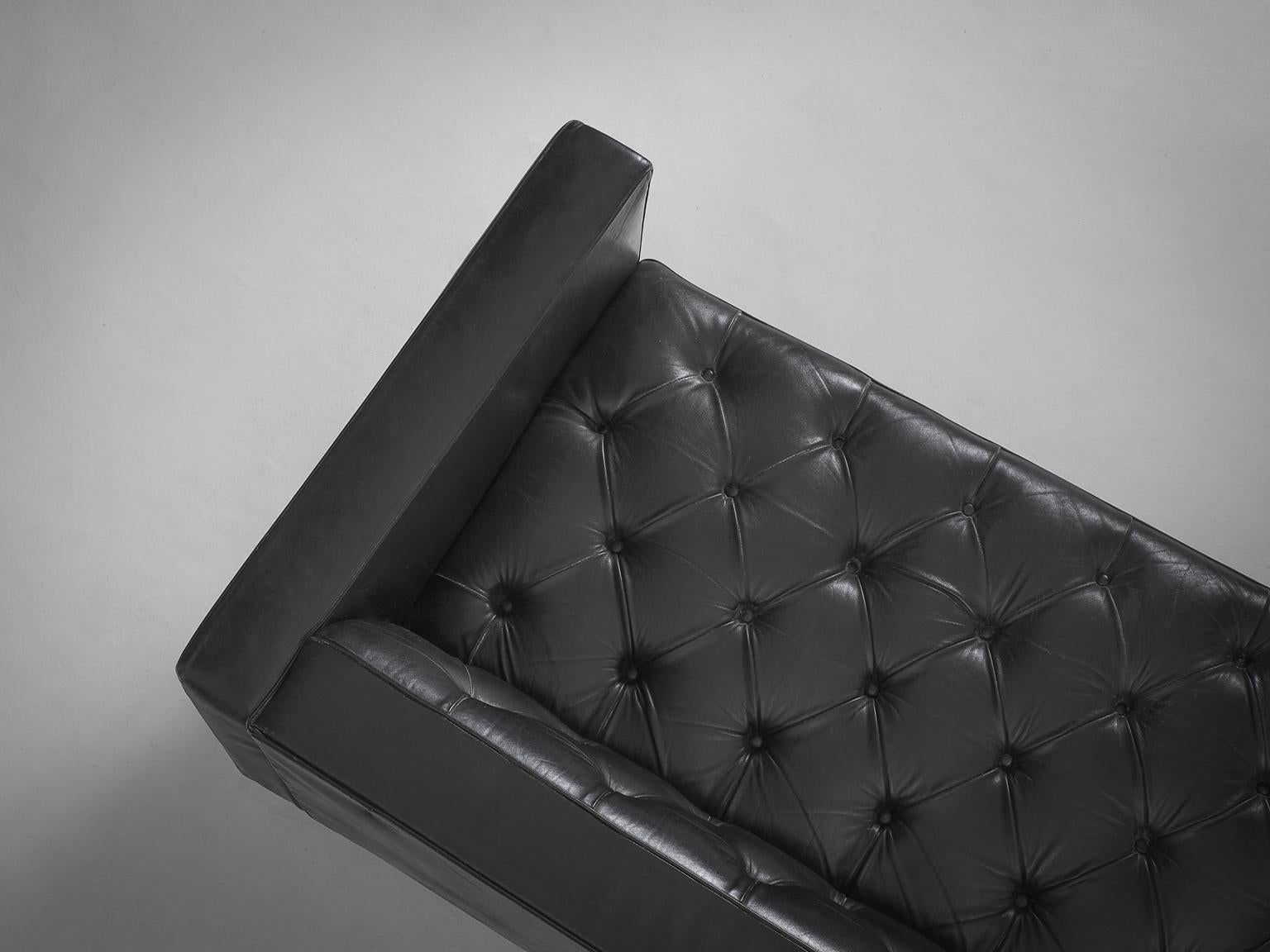Robert Haussmann Tufted Sofa in Black Leather In Good Condition In Waalwijk, NL