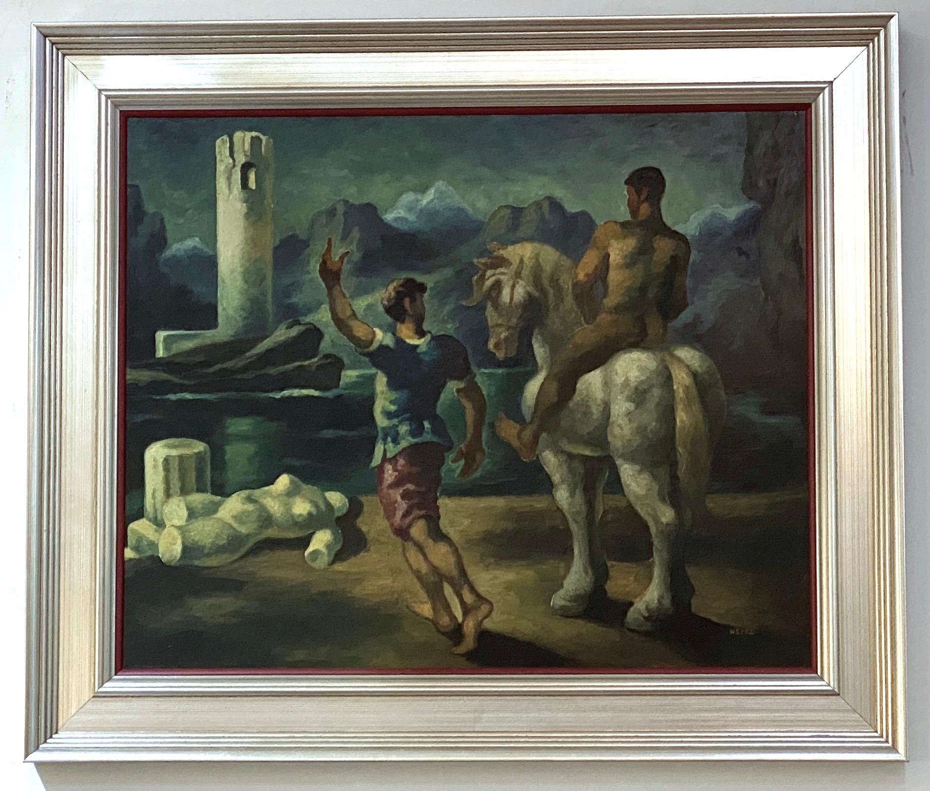 Oil painting on art board by the French artist Robert Heitz, of two men, one on horseback, walking through a landscape with ancient ruins, painting is from a Palm Beach estate.

Robert Heitz was born in Saverne, France August 1895 and died in