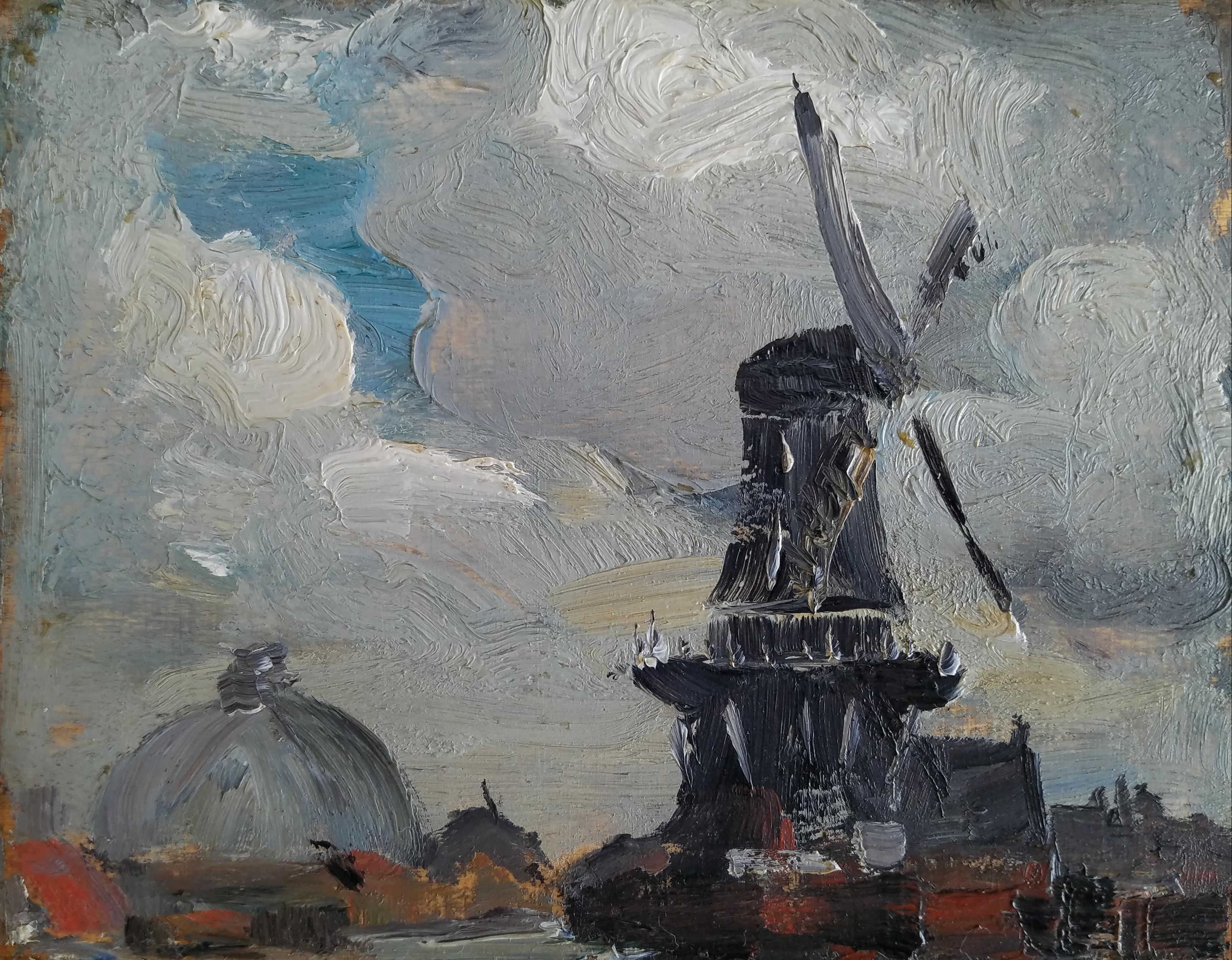 Robert Cozad Henri (1865 - 1929)
Haarlem Windmill, Holland, 1907
Oil on panel
5 x 6 1/2 inches
Signed, titled, and dated on the reverse

Provenance:
Collection of Ezra & Cecile Zilkha

Listed in the Robert Henri account book as no. 103E.

Born