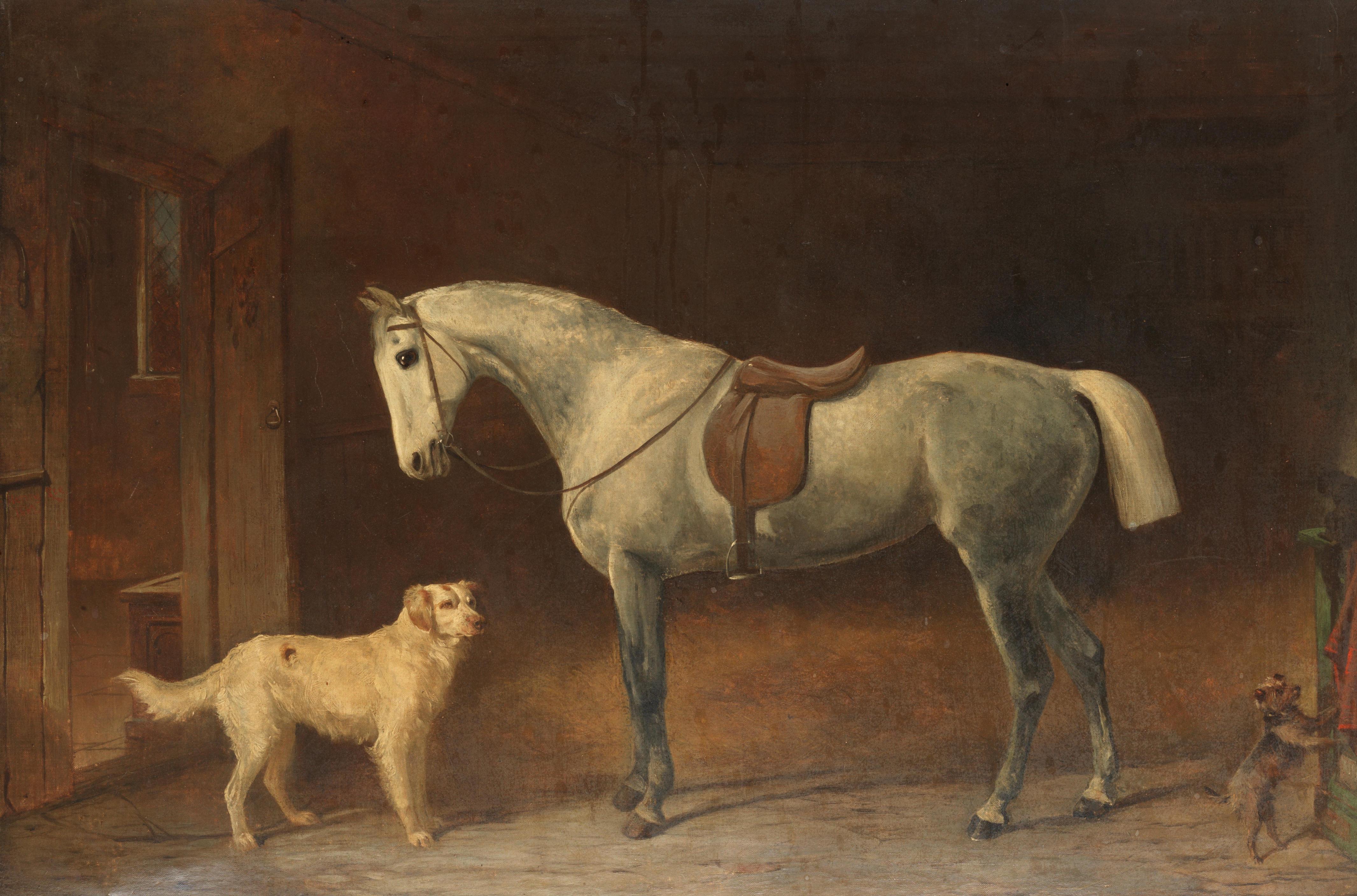 English 19th century painting of a grey horse a setter and a terrier in a stable - Painting by Robert Henry Roe