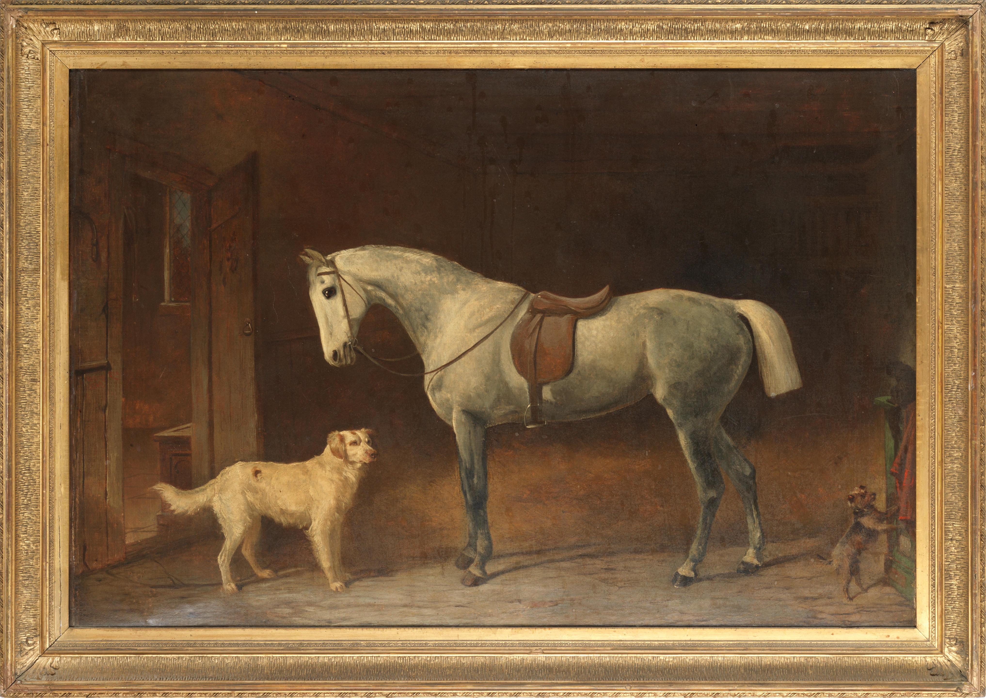 Robert Henry Roe Animal Painting - English 19th century painting of a grey horse a setter and a terrier in a stable