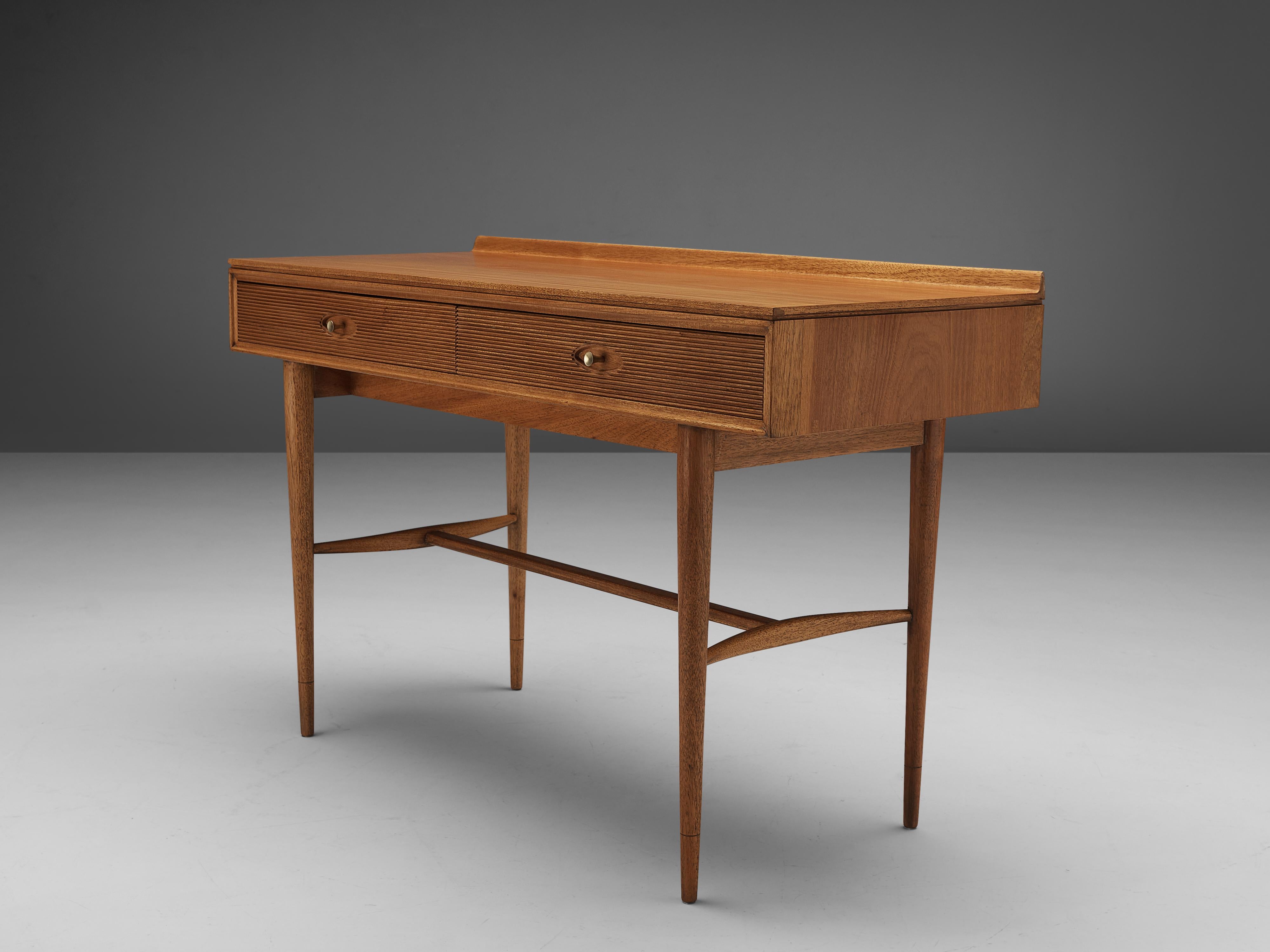 British Robert Heritage Desk with Drawers in Satinwood and Brass