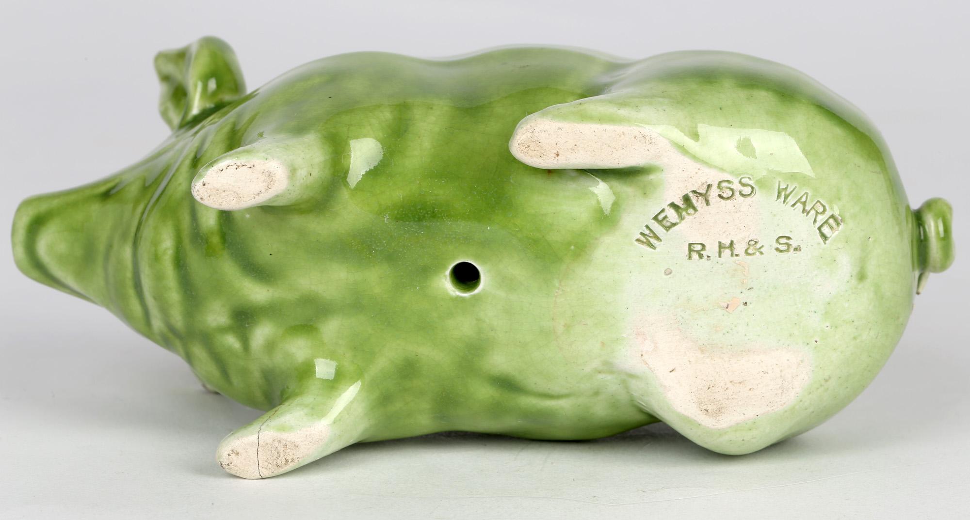 Robert Heron Scottish Wemyss Lime Green Glazed Pottery Pig In Fair Condition In Bishop's Stortford, Hertfordshire