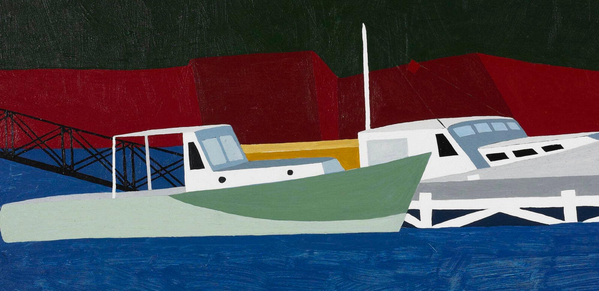 Robert Herrmann Boats Oil on Masonite. Seascape with boats and dock.
Signed and dated to verso 'R. Herrmann 56'
Robert Herrmann was an American painter who was born in 1922. MoMA, The Museum of Modern Art featured Robert Herrmann's work in the