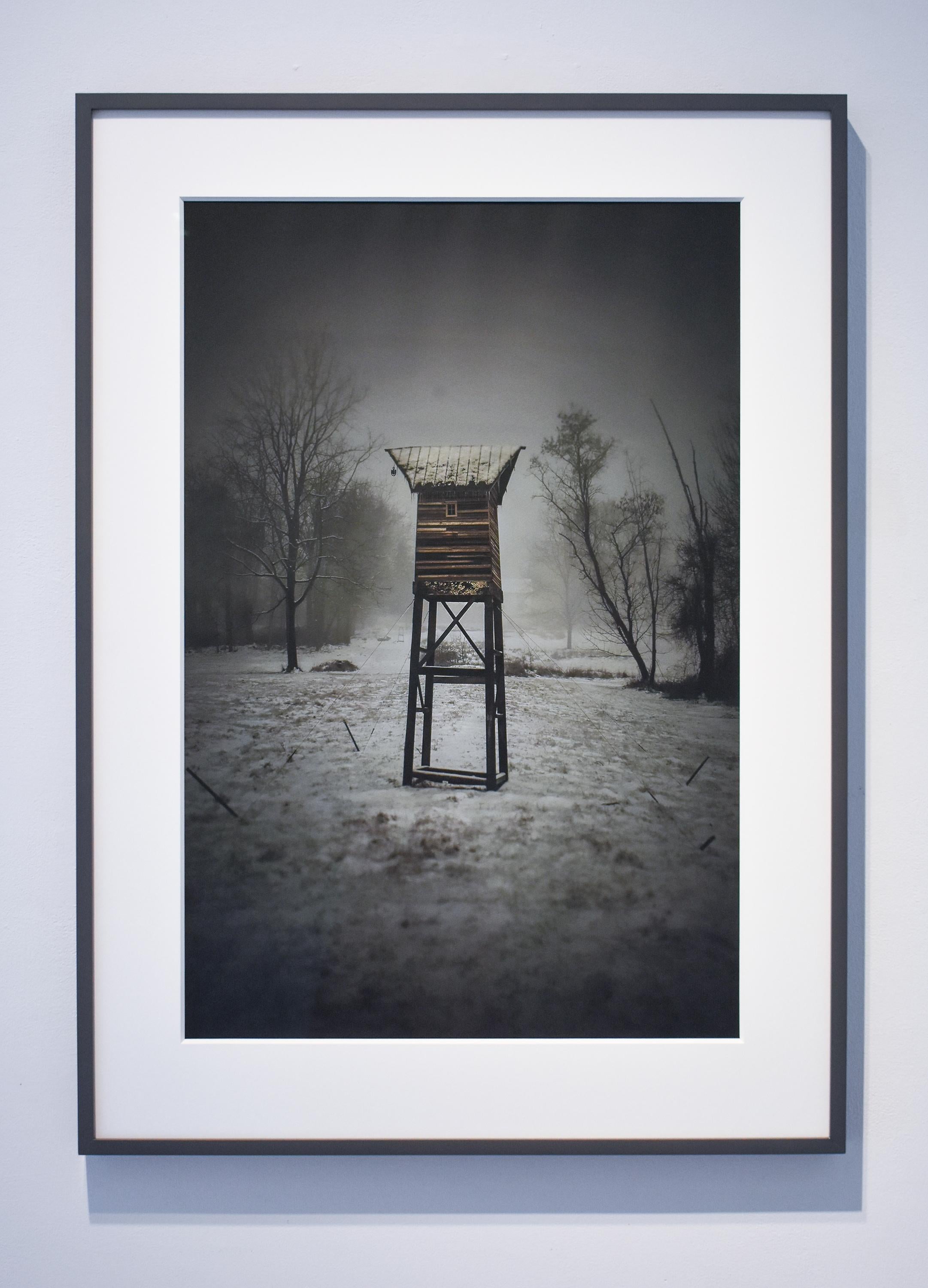 Watch Tower (Contemporary Black & White Landscape Photo of Structure in Woods) - Photograph by Robert Hite