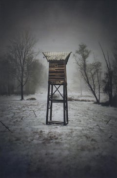 Watch Tower (Contemporary Black & White Landscape Photo of Structure in Woods)