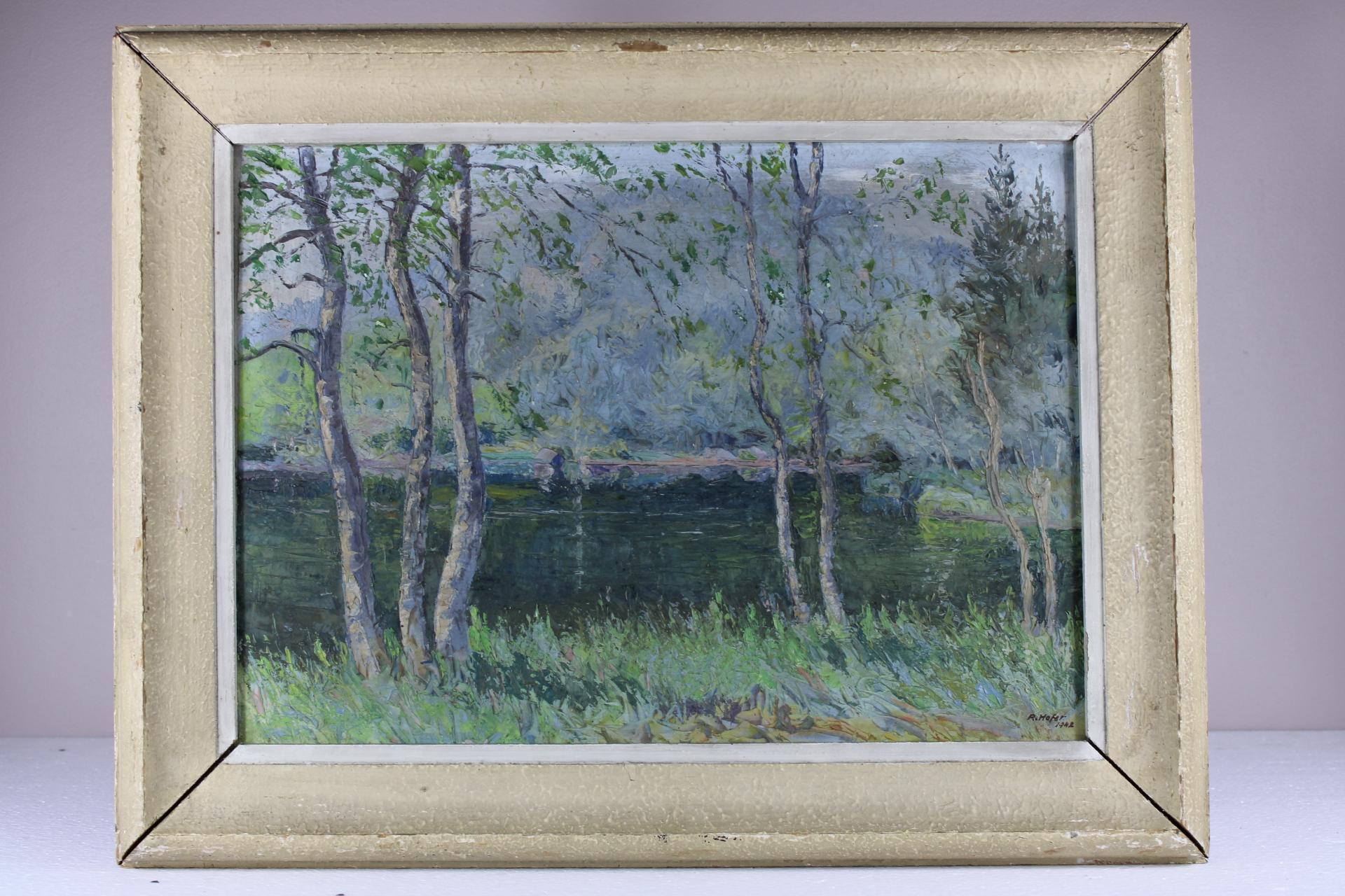 Landschaft Frankreichslandschaft, Original, Öl auf Karton, impressionistischer Stil, signiert – Painting von Robert Hofer