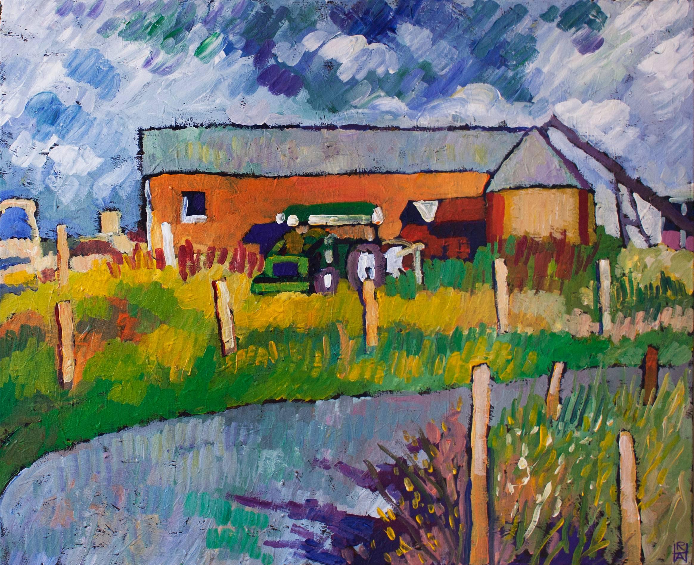 Bahns Mill Robert Hofherr Acrylic painting on stretched canvas
Finished edges
Ready to hang
One-of-a-kind
Signed on front
2018
24 in. h x 30 in. w x 1.37 in. d
2 lbs. 8 oz. Artist Comments 
I was struck by this orange farm building when I first saw