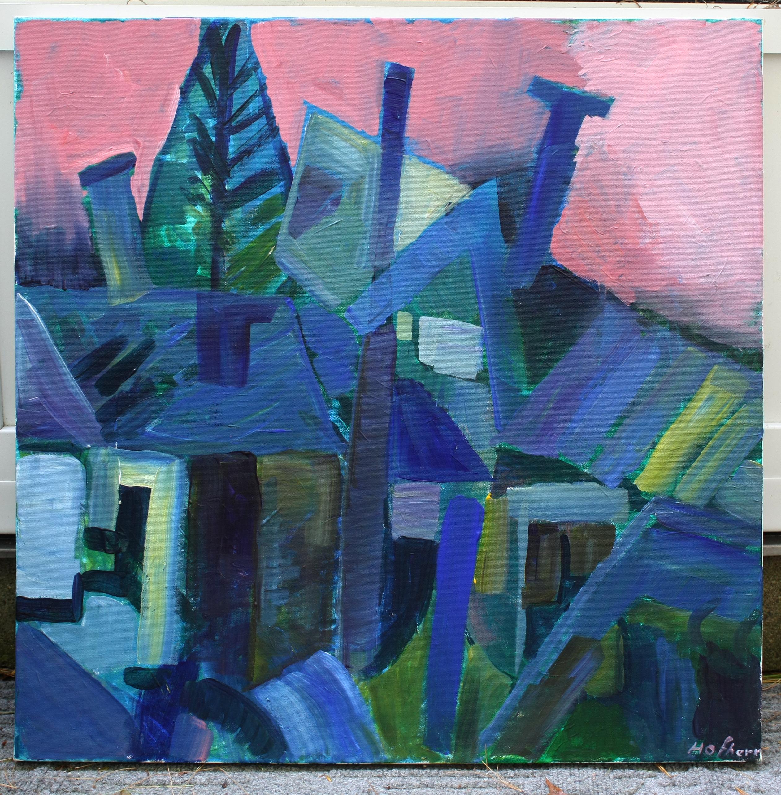 <p>Artist Comments<br>A Fauvist composition depicts a series of reimagined abandoned structures, stacked one on top of another. The layered mix of deep blue, green, and brown hues contrasts with the vivid pink sky. Tilted and skewed elements distort