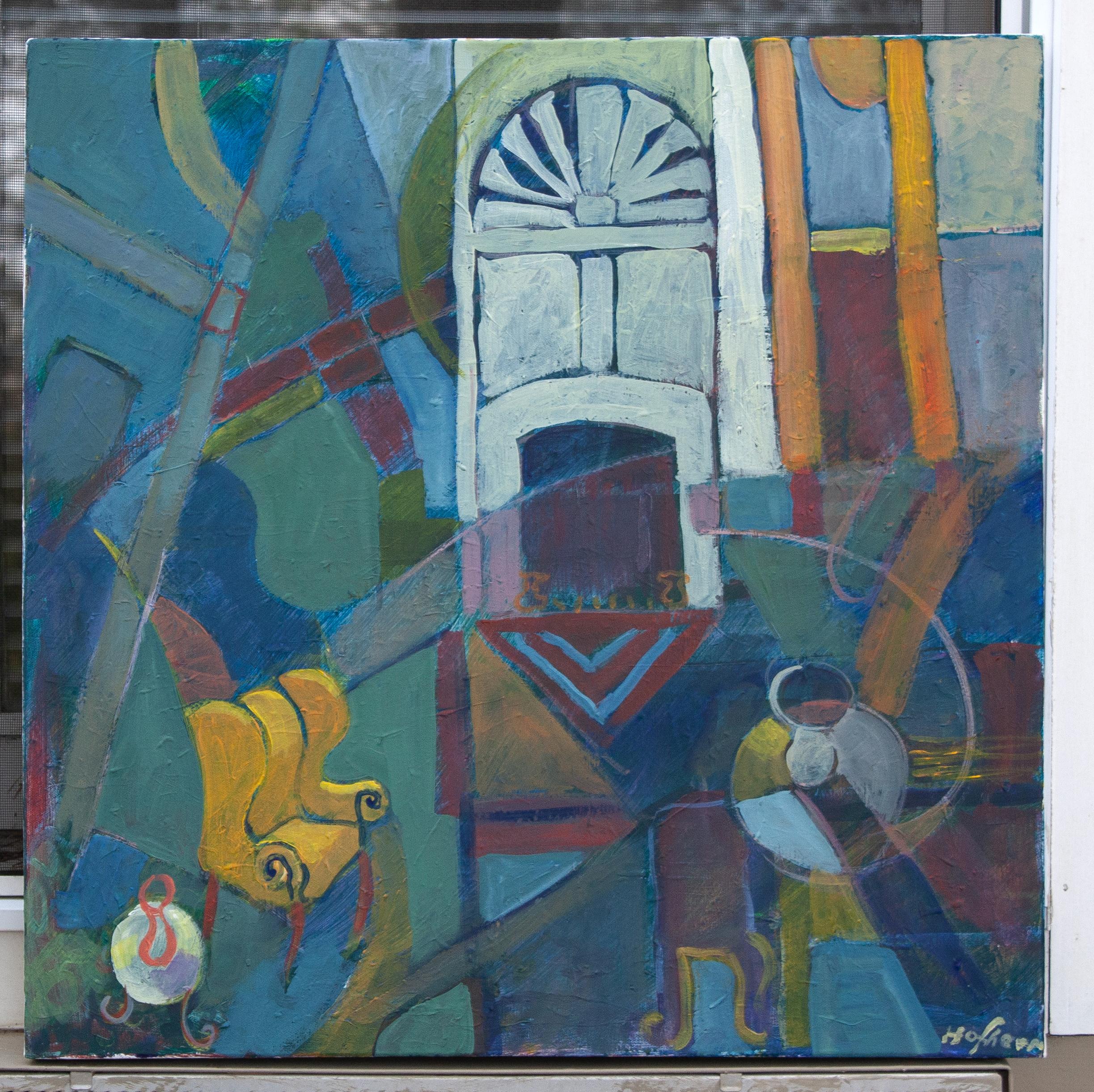 <p>Artist Comments<br>A classic American room takes on a stylized form, with a central fireplace anchoring the composition. The altered perspective and colors enhance the artistic ambiance and expression. The palette creates unexpected visual