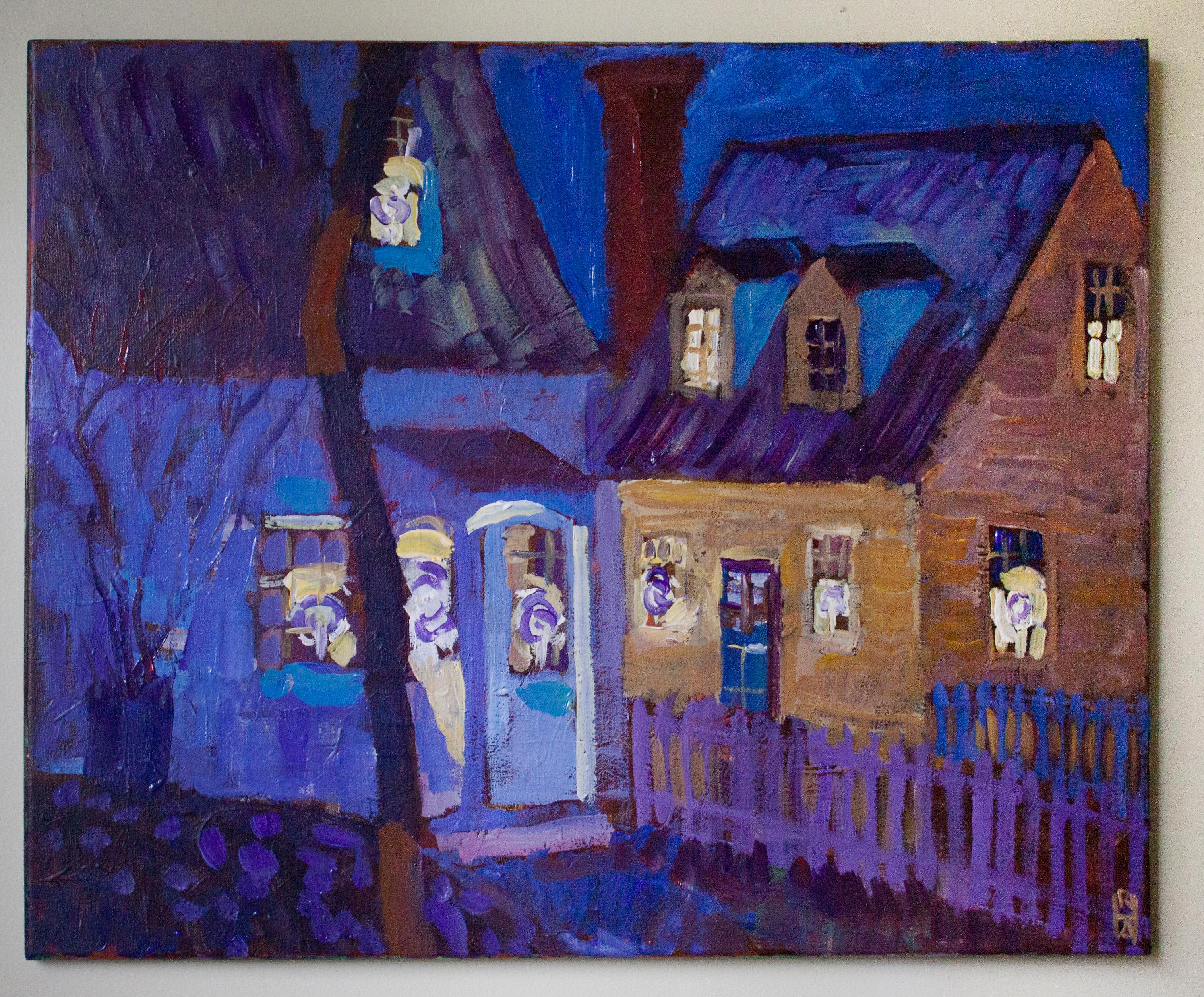 <p>Artist Comments<br>An evening study of lighted colonial homes using mostly cool colors, thick paint and a compressed palette to suggest the tones of a low-light environment. 