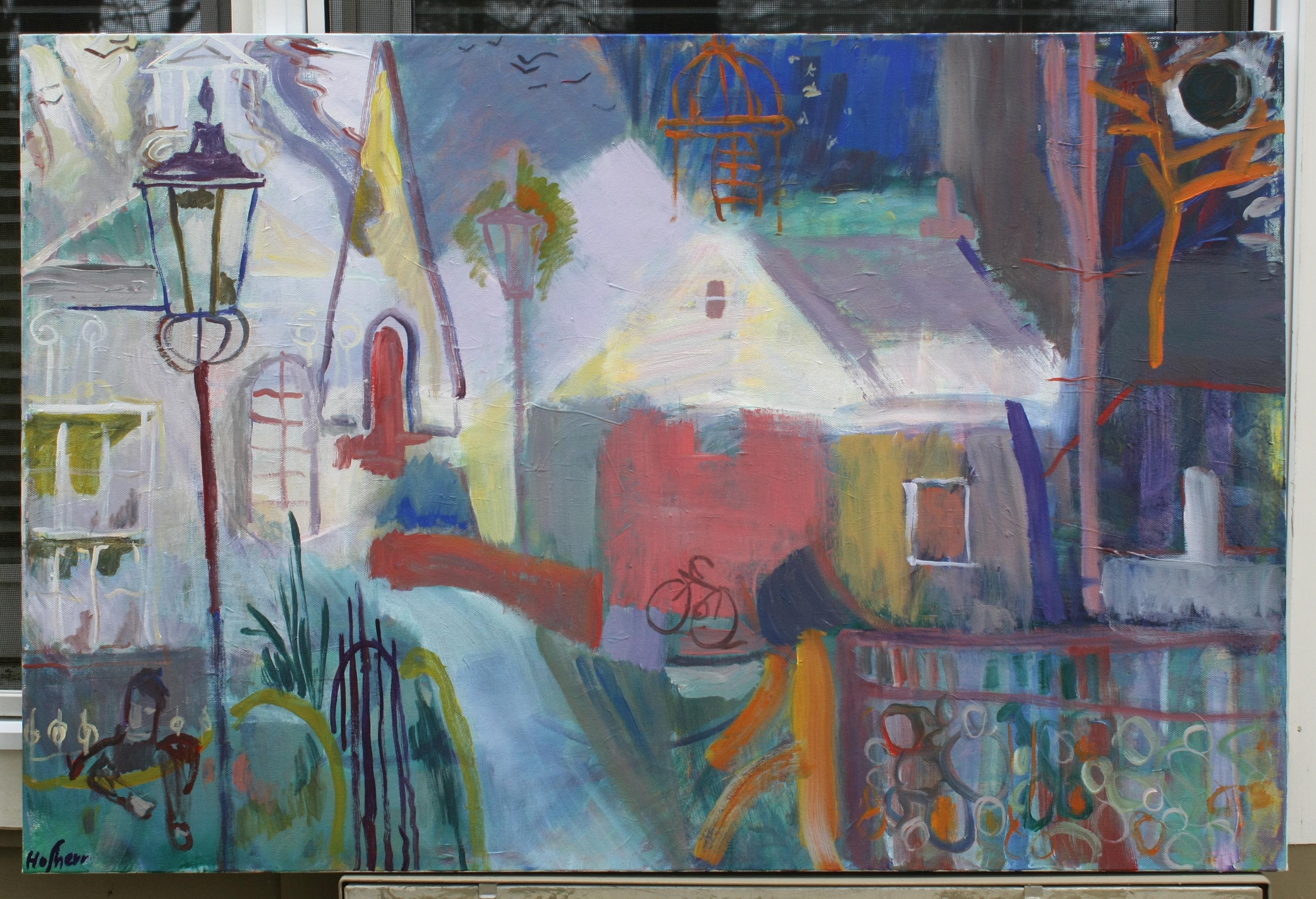 <p>Artist Comments<br>A town exudes a whimsical charm with its expressionist portrayal. The simple and non-traditional images of the houses, lamp posts, and residents burst with muted and vibrant colors and shapes. When hanging the artwork, soft