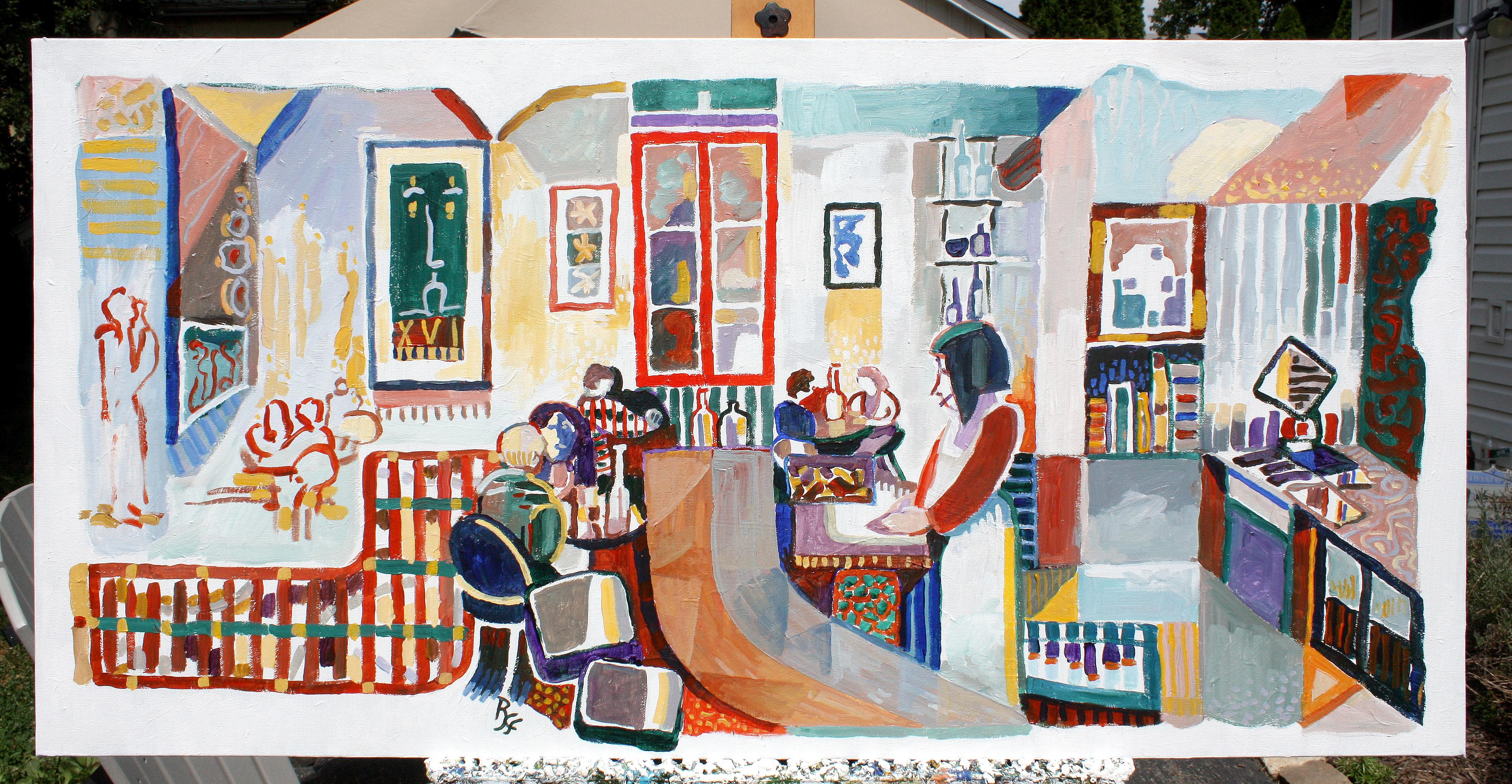 <p>Artist Comments<br>Artist Robert Hofherr highlights the interior of a trendy neighborhood bar as the subject of this expressionist piece. His stylized and conceptual work evidently uses patterns as structural representations. Robert heavily