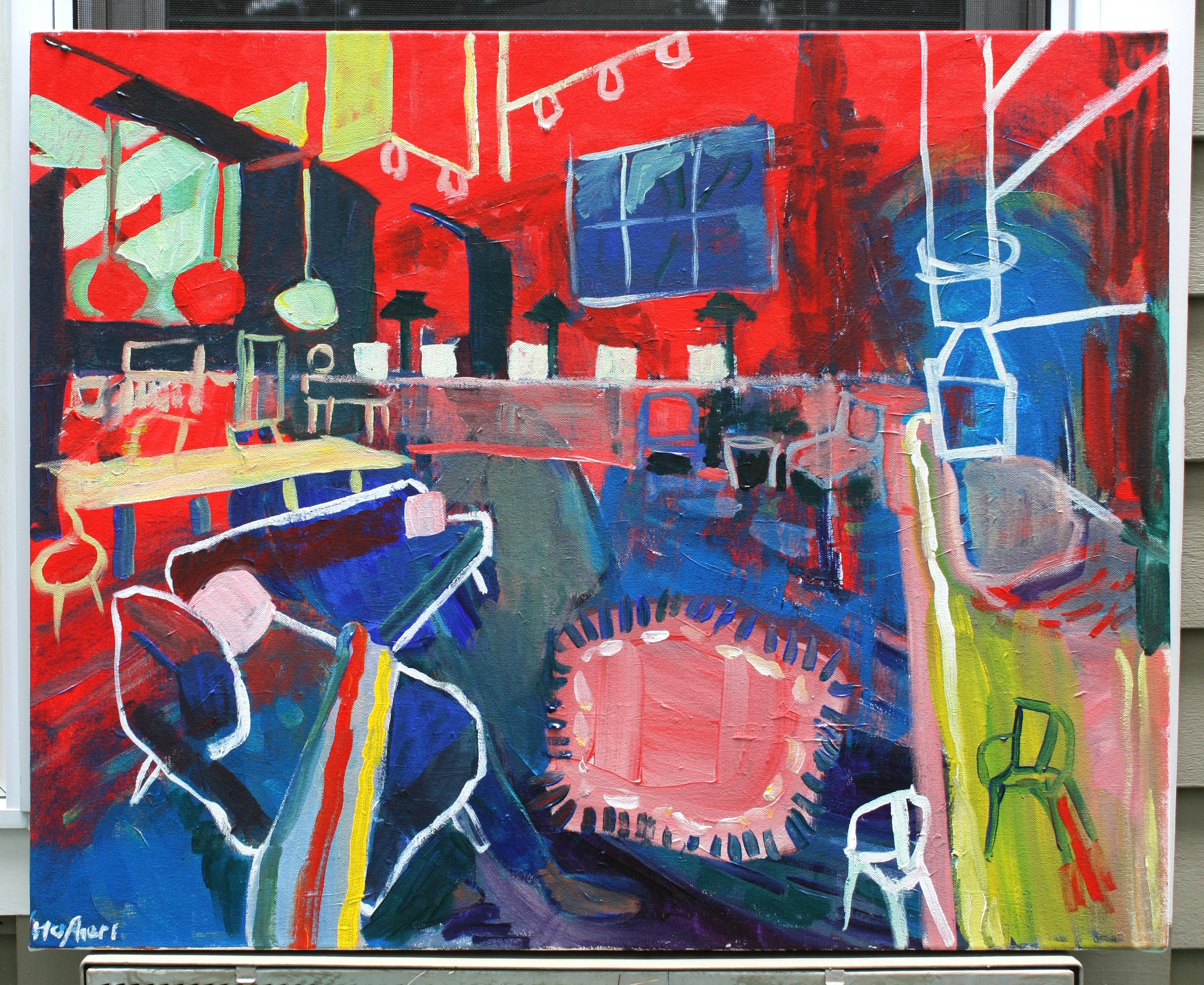 <p>Artist Comments<br>Artist Robert Hofherr paints a spacious, modern loft in Fauvist style. He begins the painting with a vivid underpainting, a vibrant dance of red and blue, further adorning it with delicate lines that hint at finer details.