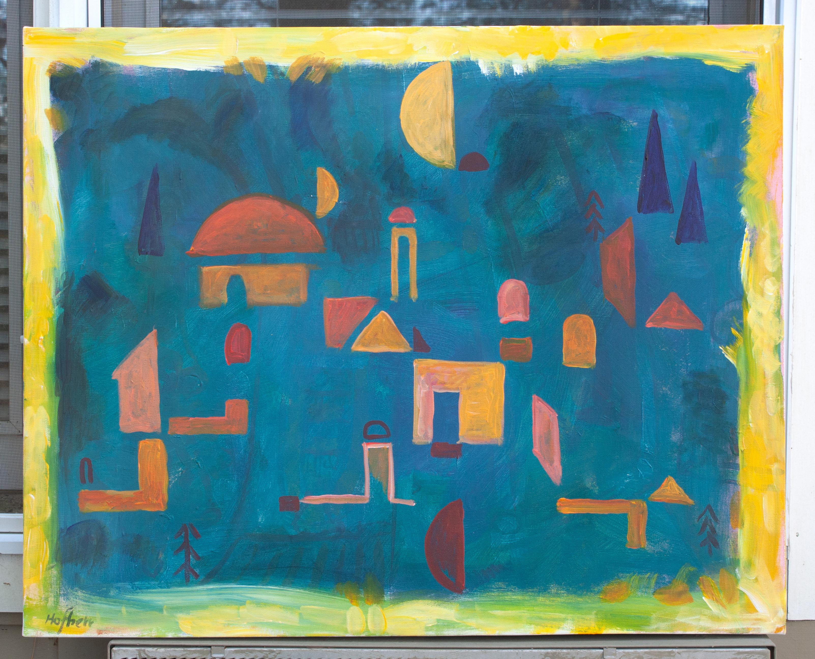 <p>Commenti dell'artista<br />Ispirato a Paul Klee, questo dipinto distilla edifici e alberi in forme minimaliste. I tratti grezzi in un giallo tenue incorniciano la composizione, mentre lo sfondo verde acqua contrasta con le vibranti strutture