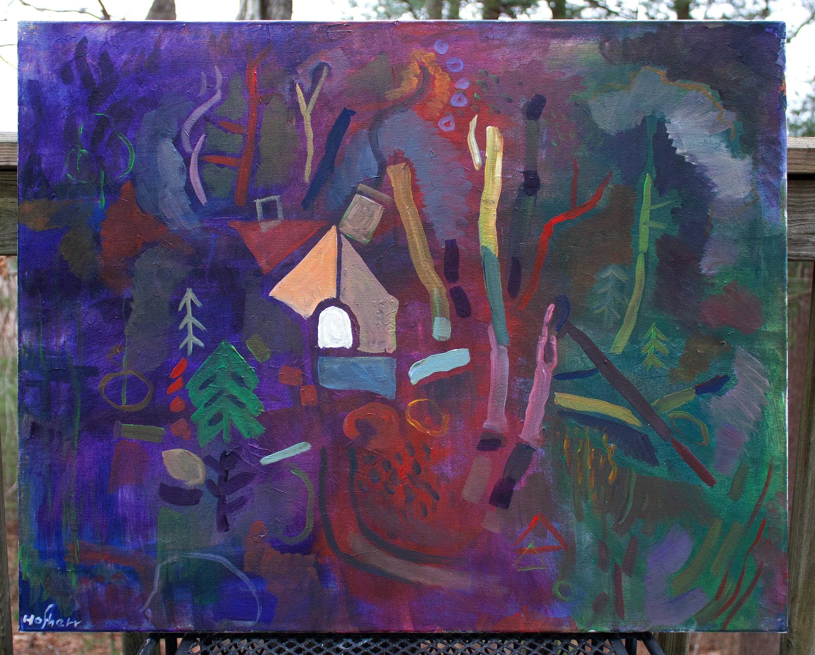 <p>Commenti dell'artista<br>Una casa nel bosco assume una vivacità giocosa grazie a colori audaci e forme semplificate. Strati di sottopittura viola, cremisi e verde intenso aumentano il contrasto e l'intrigo visivo. La composizione ha una qualità