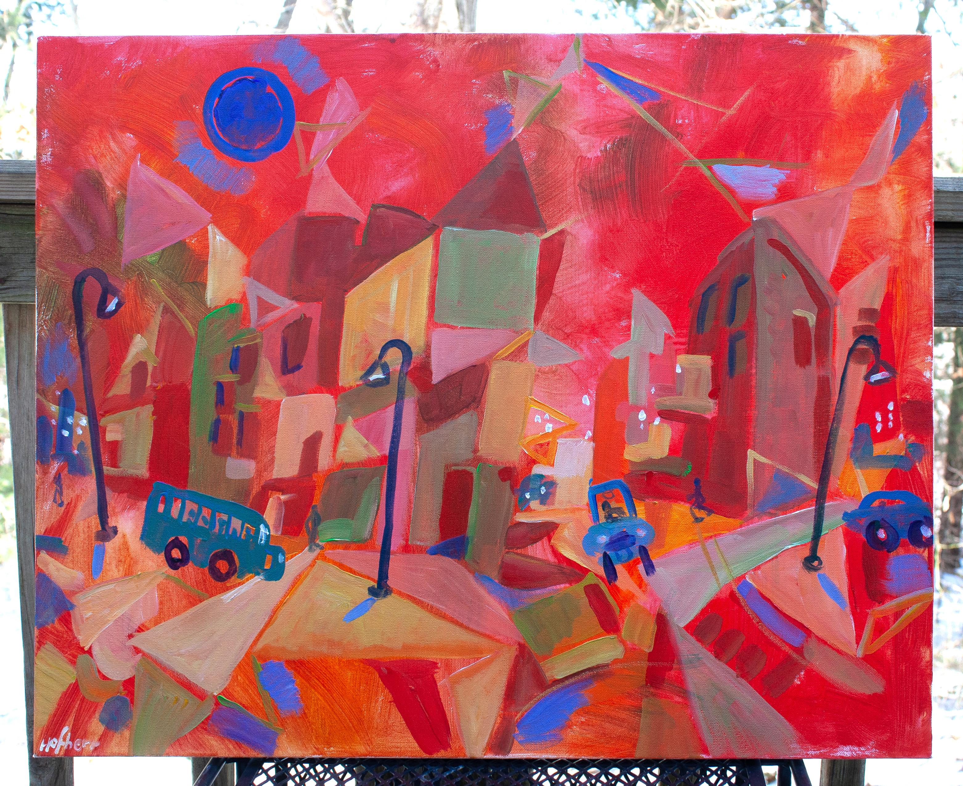 <p>Artist Comments<br>An ordinary street scene transforms with childlike and stylized elements. The repetitive shapes, especially the triangles, provide uniformity to the composition. The bright and uptempo color palette further takes the piece away