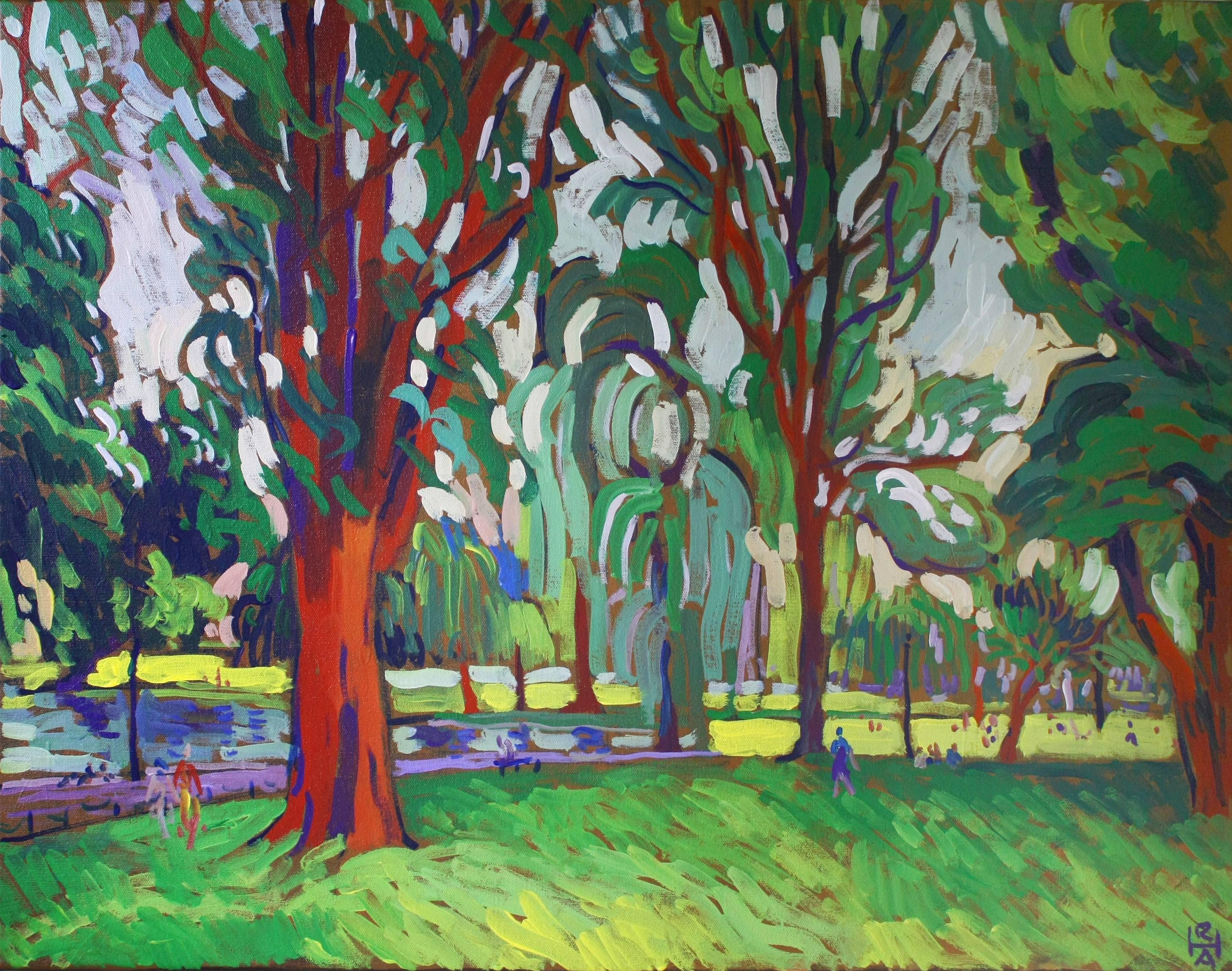 Public Garden, Boston Robert Hofherr Acrylic painting on stretched canvas One-of-a-kind Signed on front 2015 22 in. h x 28 in. w x 1.37 in. d 3 lbs. 0 oz. Artist Comments This study of Boston's Public Garden originated with a personal photo taken