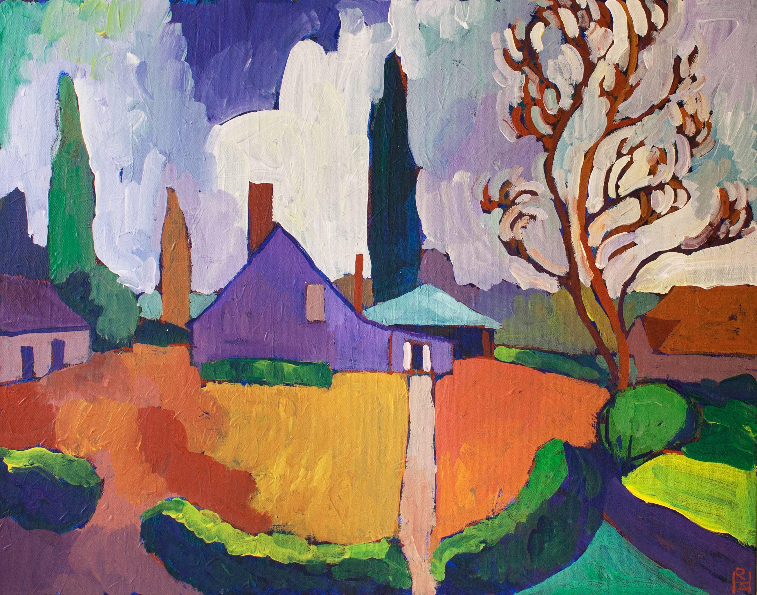 Purple House Robert Hofherr Acrylic painting on stretched canvas One-of-a-kind Signed on front 2016 22 in. h x 28 in. w x 1.37 in. d 1 lbs. 12 oz. Artist Comments This composition consists of strong verticals, a strong horizon, and two large curved