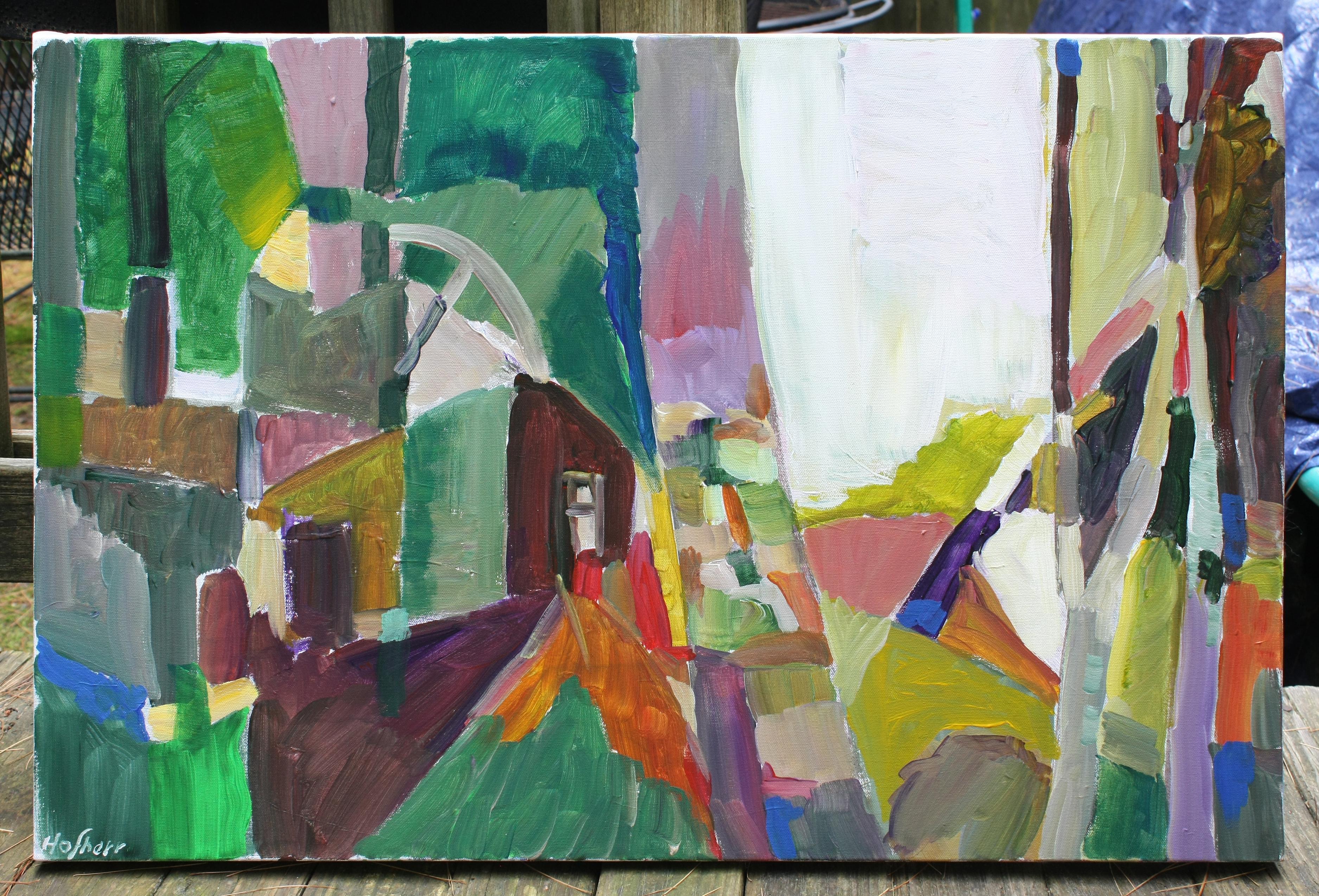 <p>Commentaires de l'artiste<br>L'artiste Robert Hofherr s'inspire d'une ruine abandonnée dans les bois. Plutôt que de représenter la scène littéralement, il la construit avec des formes et des couleurs simplifiées. Un grand tronc d'arbre coupe la
