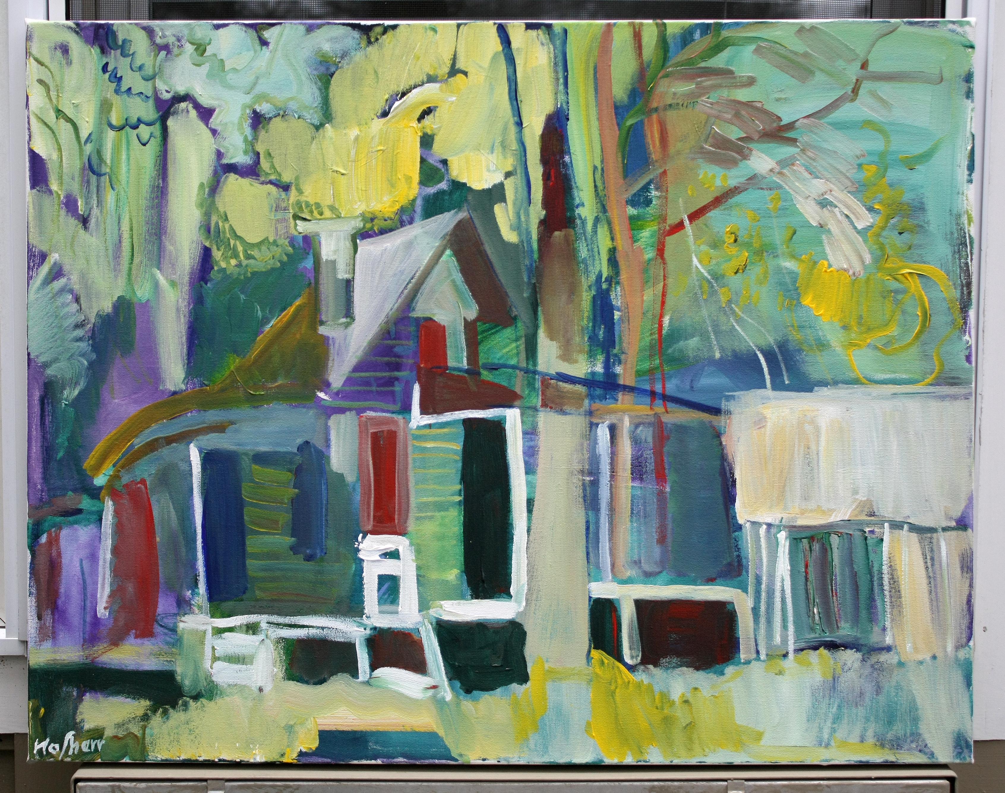 <p>Kommentare des Künstlers<br>Eine expressionistische Darstellung einer Hütte zeigt ihre eklektischen Wände, wobei die umliegenden Wälder als lebendige Formen erscheinen. Die Komposition entfernt sich vom Realismus der Farben und der einfachen