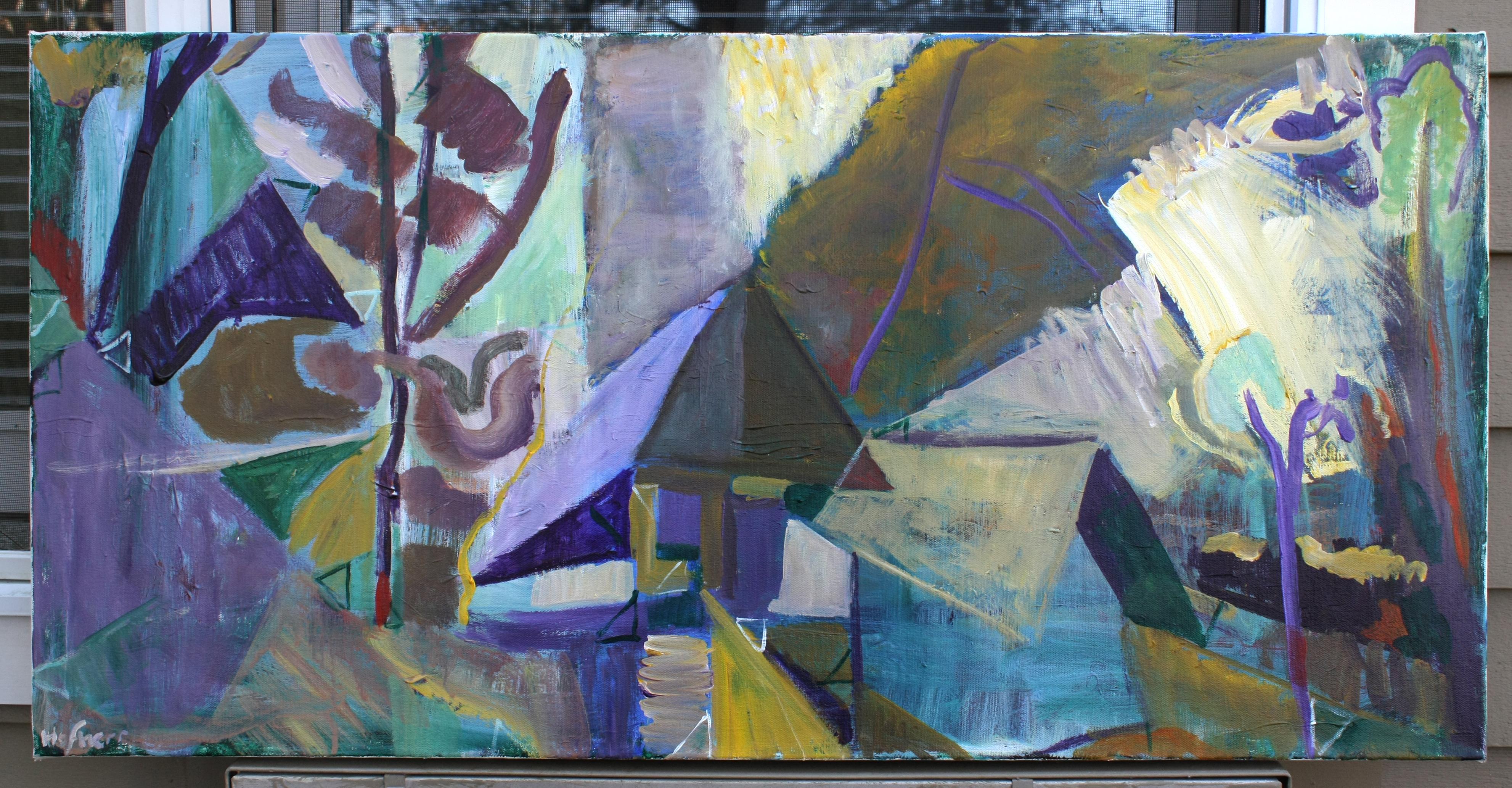 <p>Kommentare des KünstlersInspiriert von den Landschaften von Ivon Hitchens, werden in diesem Kunstwerk verschiedene Techniken eingesetzt, um die Realität zu verändern.<br> Offene und versteckte dreieckige Formen dominieren die Komposition und