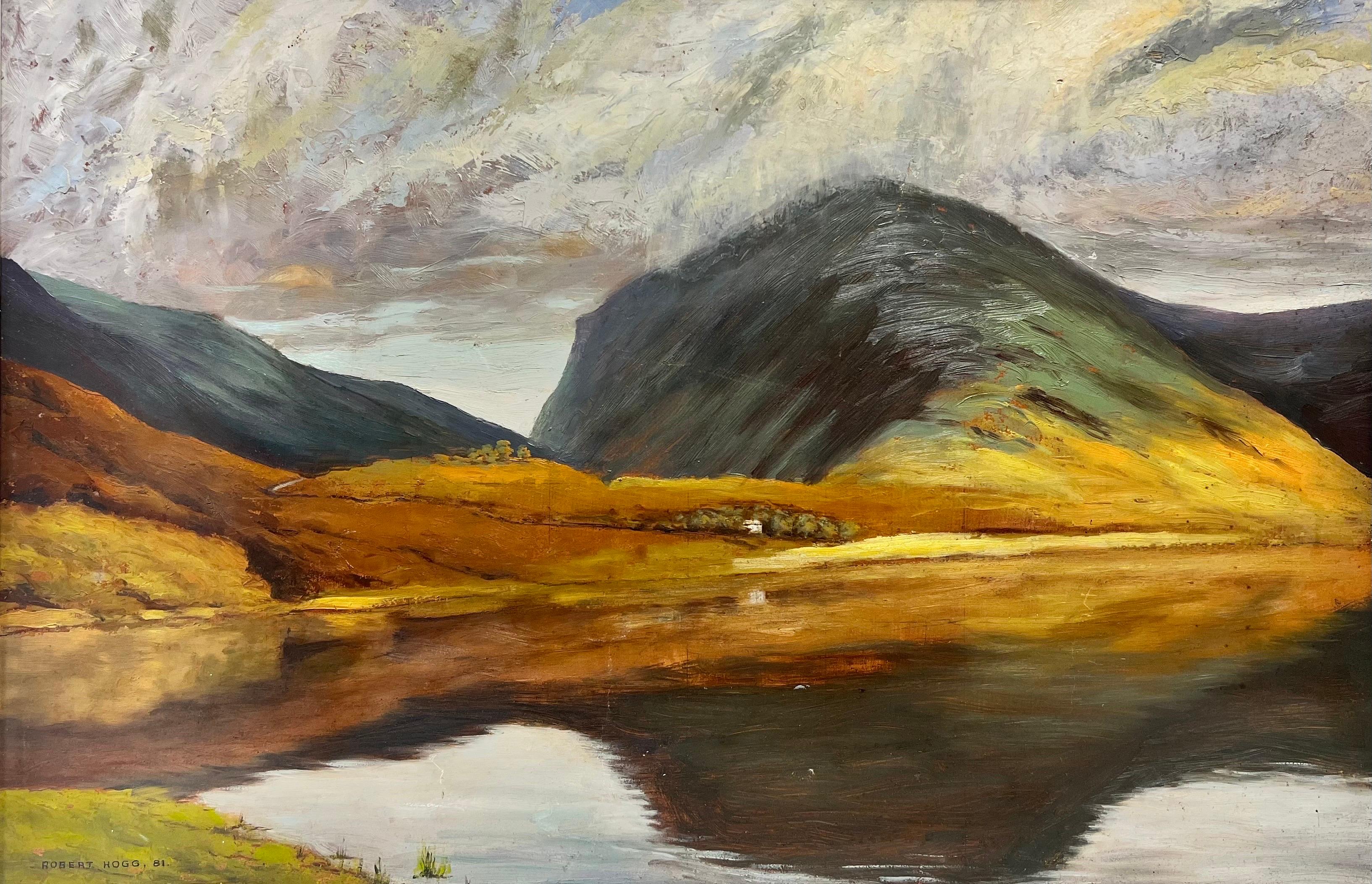 Landscape Painting di Robert Hogg - Buttermere Lake District Paesaggio umorale e atmosferico Nuvole sul lago, firmato