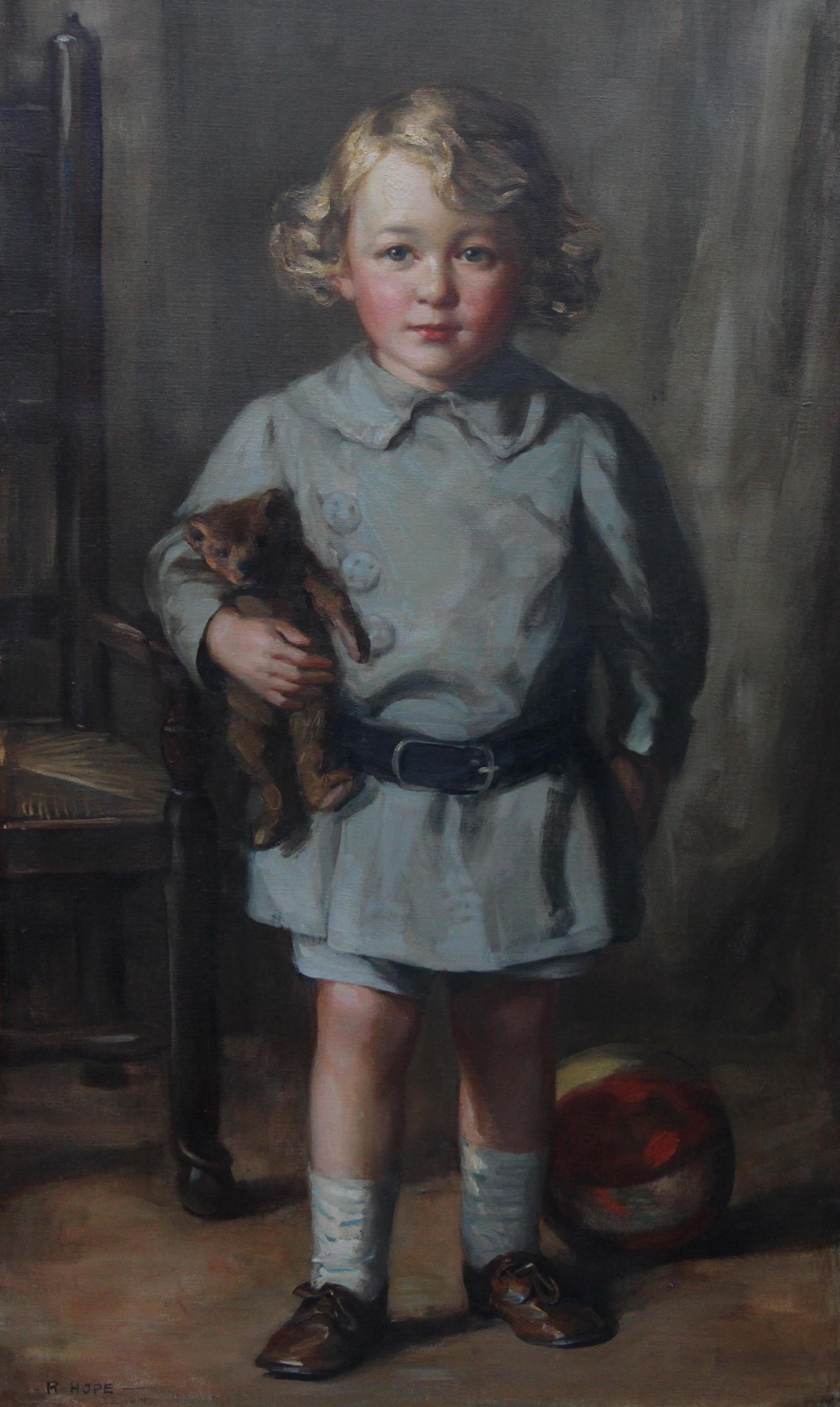 Portrait of a Boy with Teddy Bear - Scottish Art exh. RSA Portrait Oil Ppainting - Painting by Robert Hope
