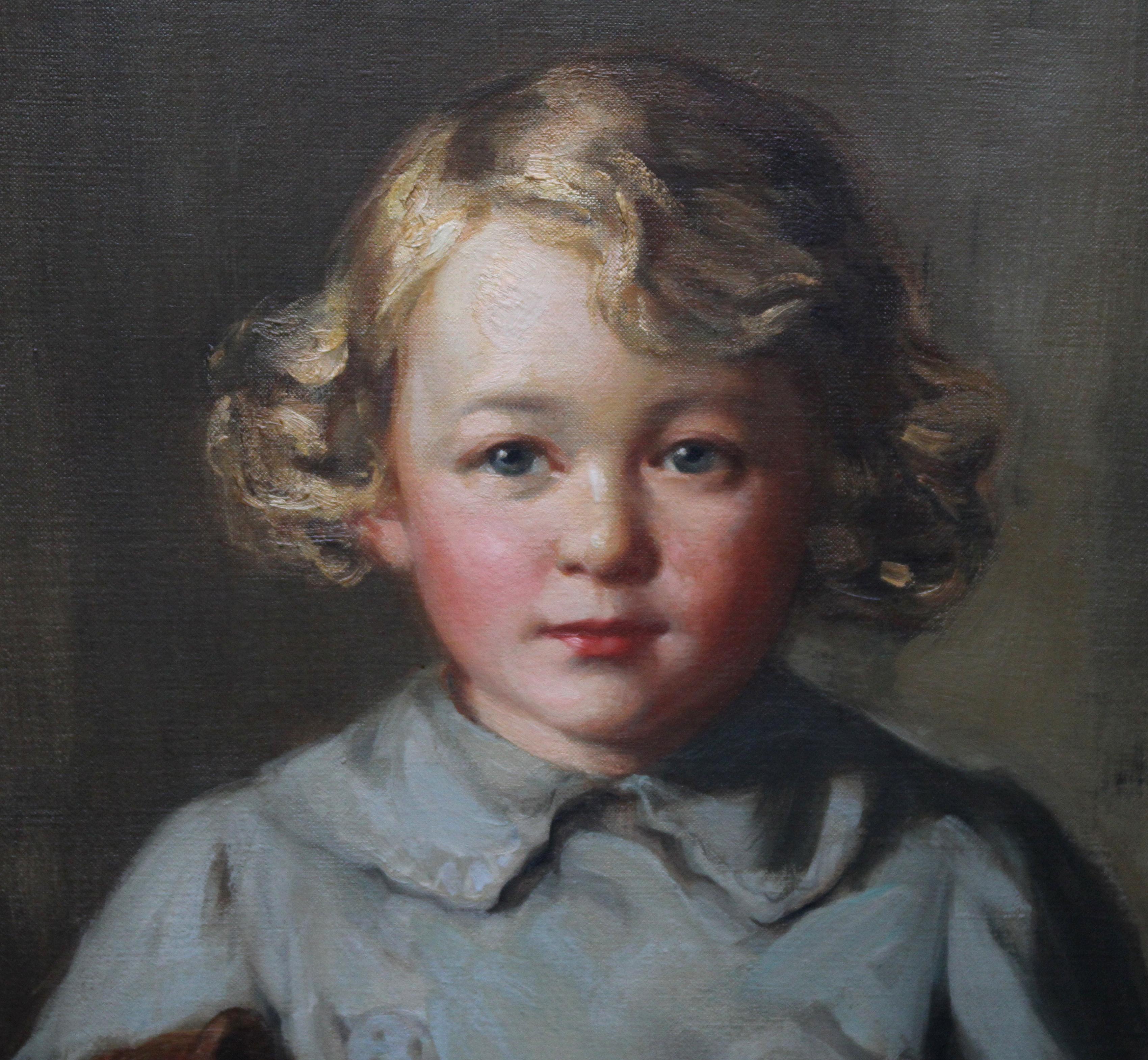 Portrait of a Boy with Teddy Bear - Scottish Art exh. RSA Portrait Oil Ppainting - Realist Painting by Robert Hope