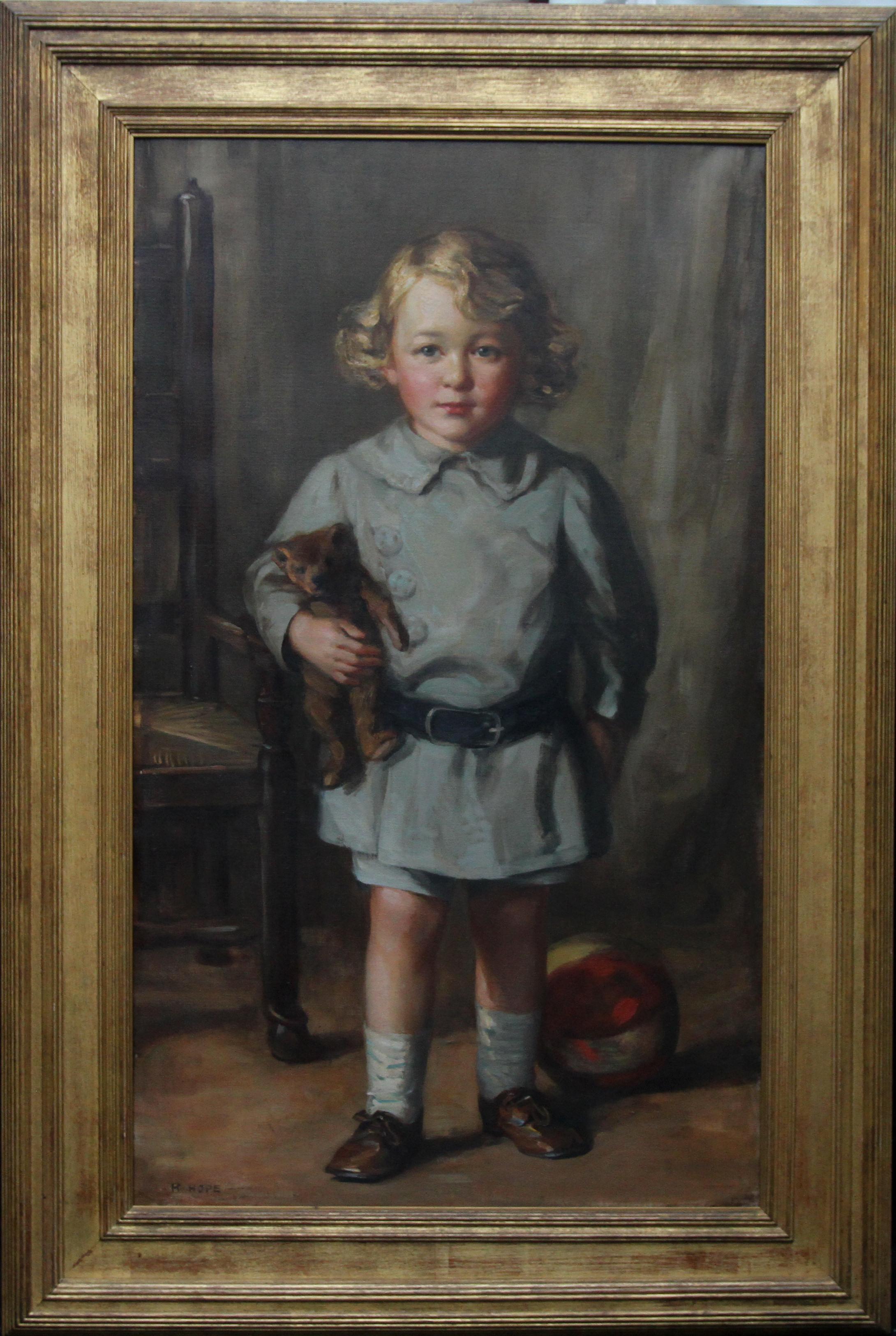 Robert Hope Portrait Painting - Portrait of a Boy with Teddy Bear - Scottish Art exh. RSA Portrait Oil Ppainting