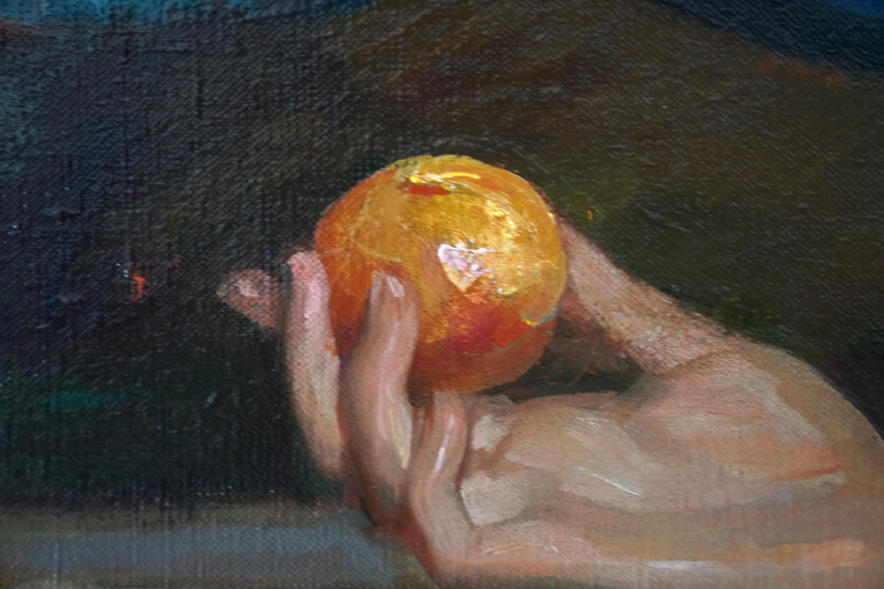 La Manzana de Oro - RSA británica exh arte retrato femenino pintura al óleo pavo real pájaro en venta 5