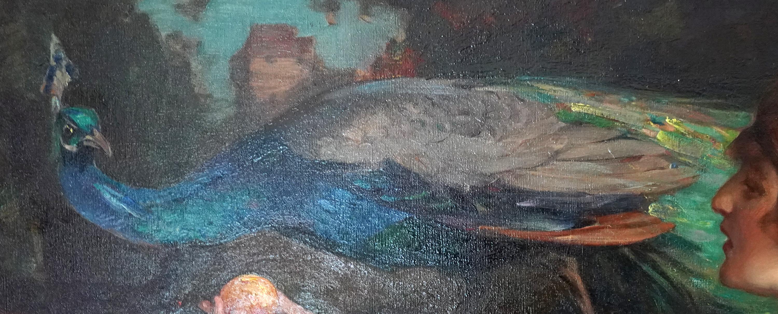 La Manzana de Oro - RSA británica exh arte retrato femenino pintura al óleo pavo real pájaro en venta 6