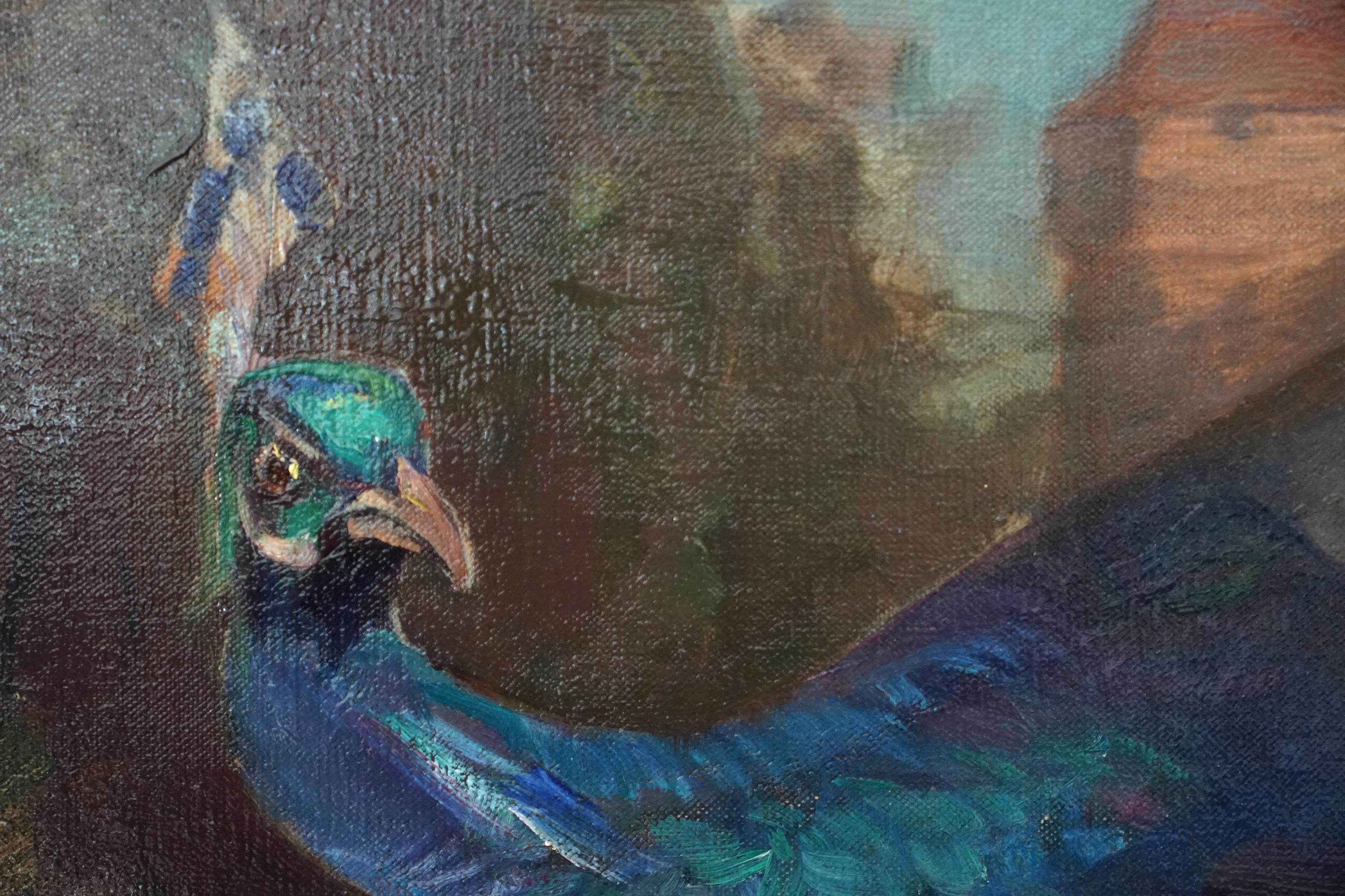 La Manzana de Oro - RSA británica exh arte retrato femenino pintura al óleo pavo real pájaro en venta 7