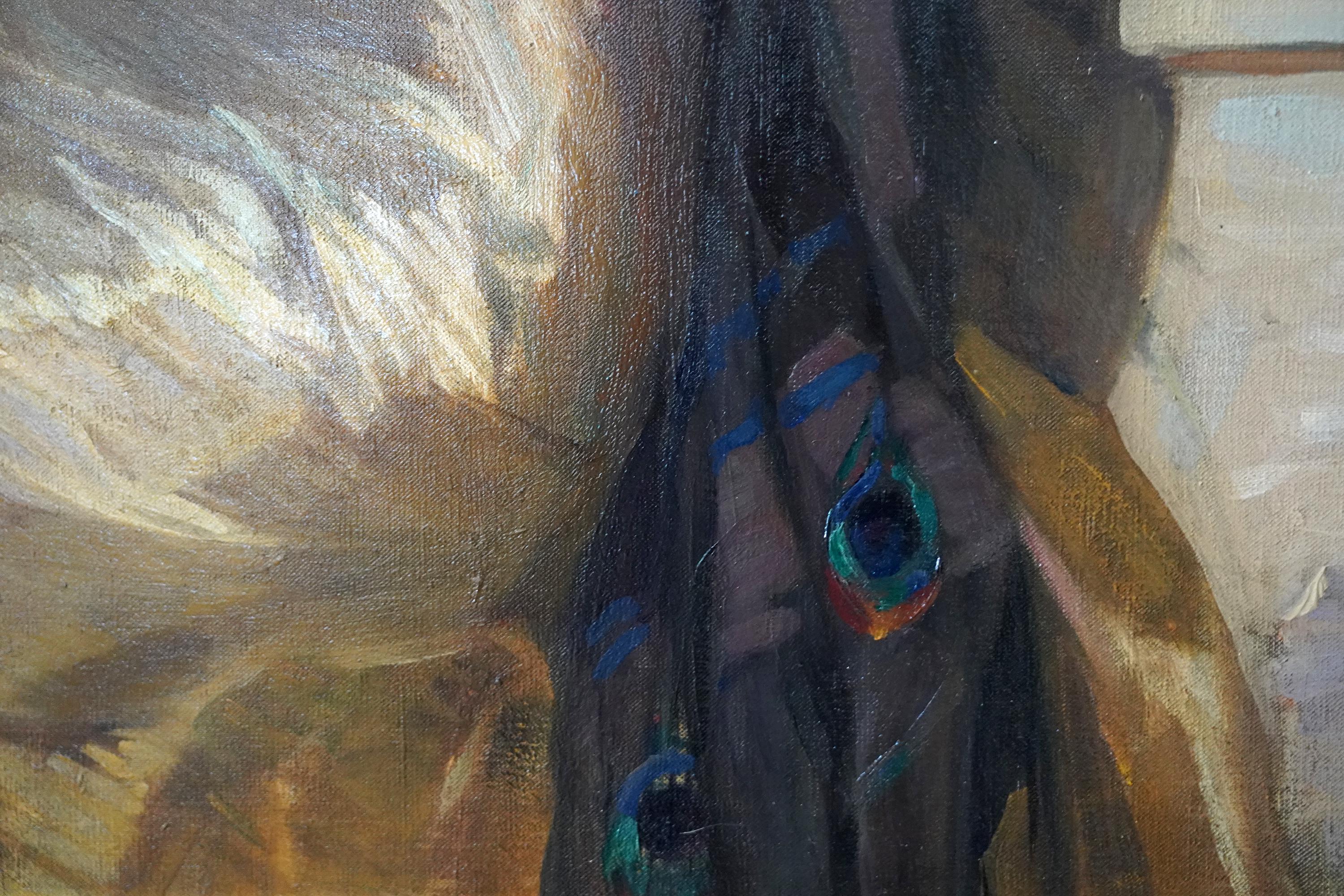 La Manzana de Oro - RSA británica exh arte retrato femenino pintura al óleo pavo real pájaro en venta 10