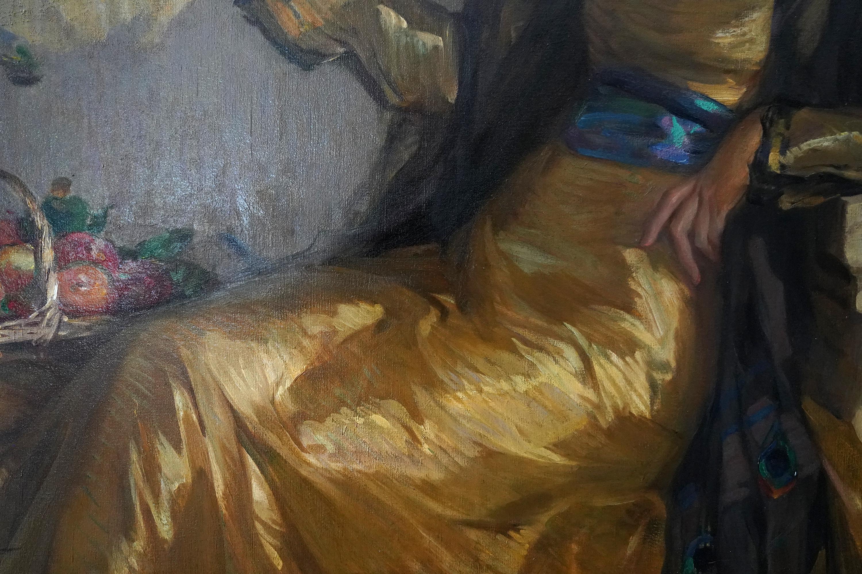 La Manzana de Oro - RSA británica exh arte retrato femenino pintura al óleo pavo real pájaro en venta 12