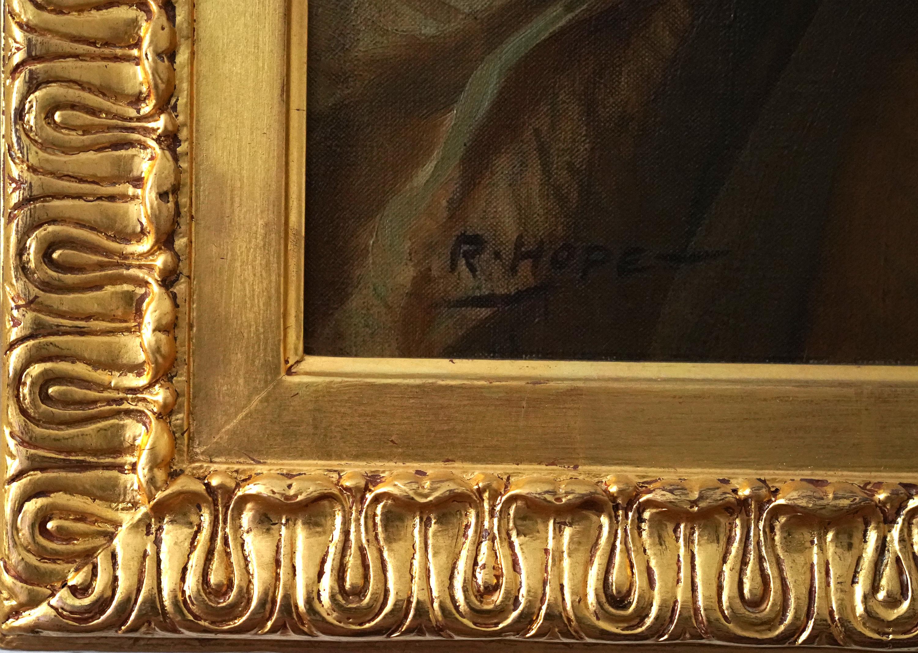 La Manzana de Oro - RSA británica exh arte retrato femenino pintura al óleo pavo real pájaro en venta 13