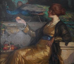 Der goldene Apfel - Britische RSA exh Kunst weibliches Porträt Ölgemälde Pfau Vogel