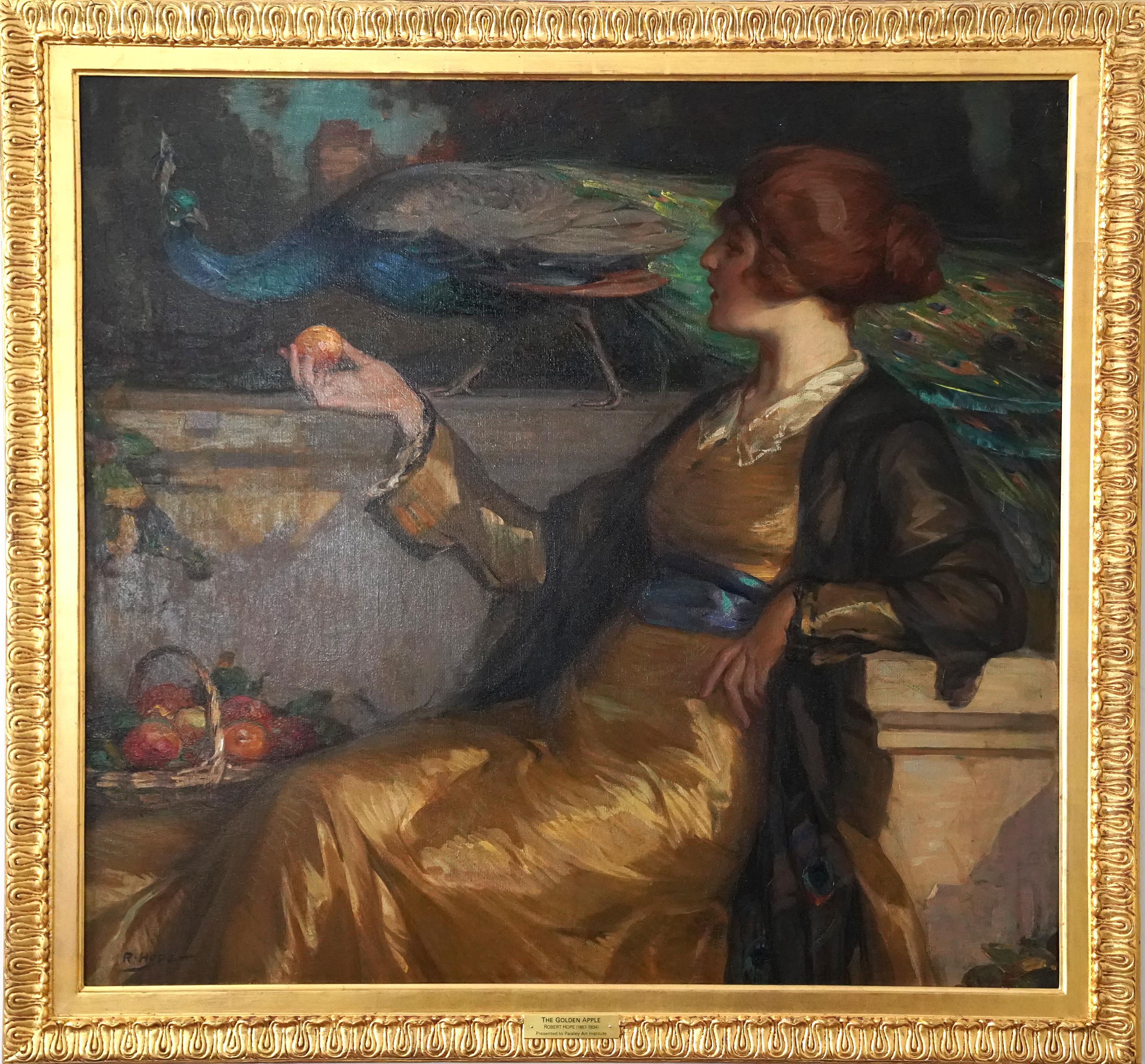 La Manzana de Oro - RSA británica exh arte retrato femenino pintura al óleo pavo real pájaro en venta 15