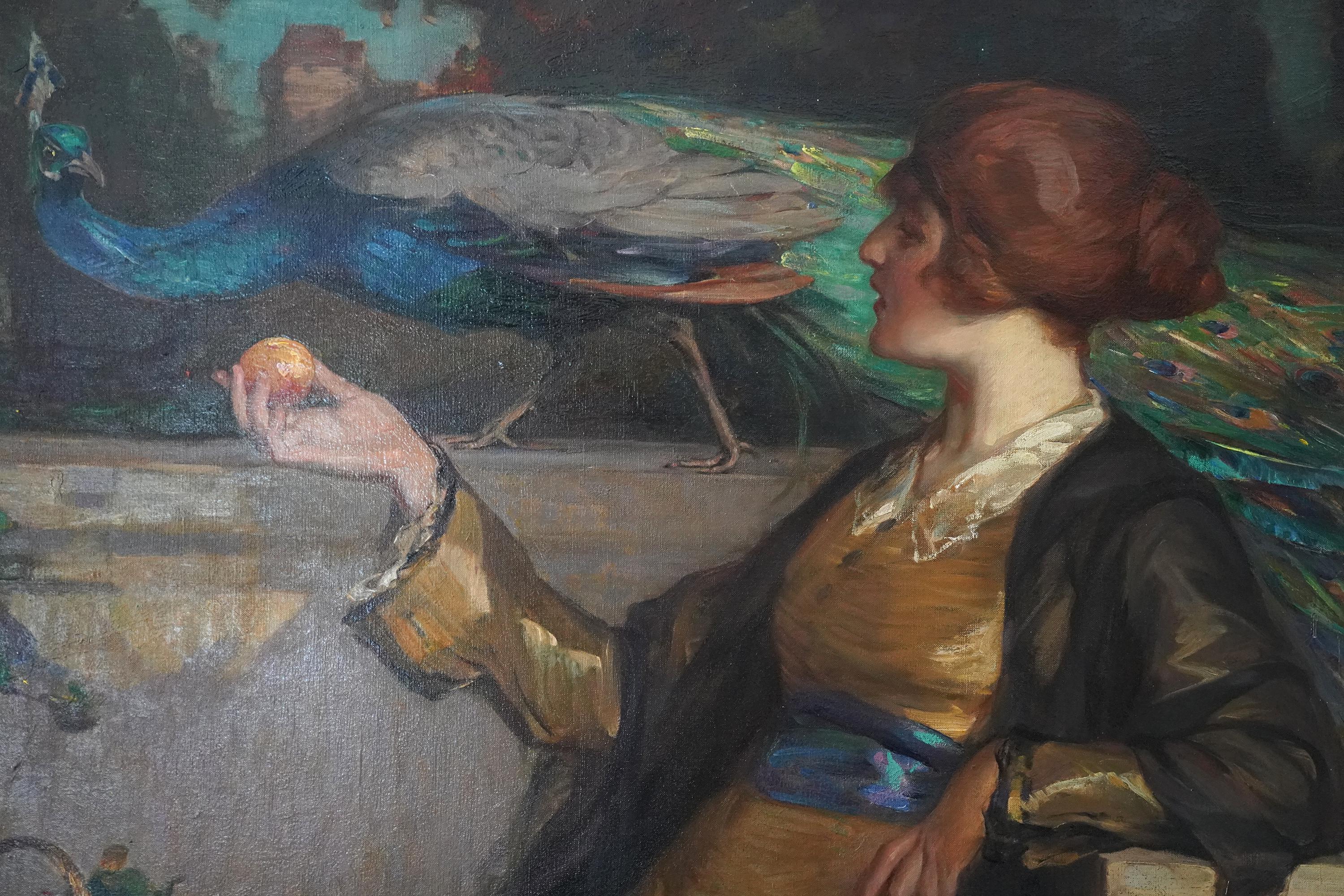La Manzana de Oro - RSA británica exh arte retrato femenino pintura al óleo pavo real pájaro - Painting Prerrafaelita de Robert Hope