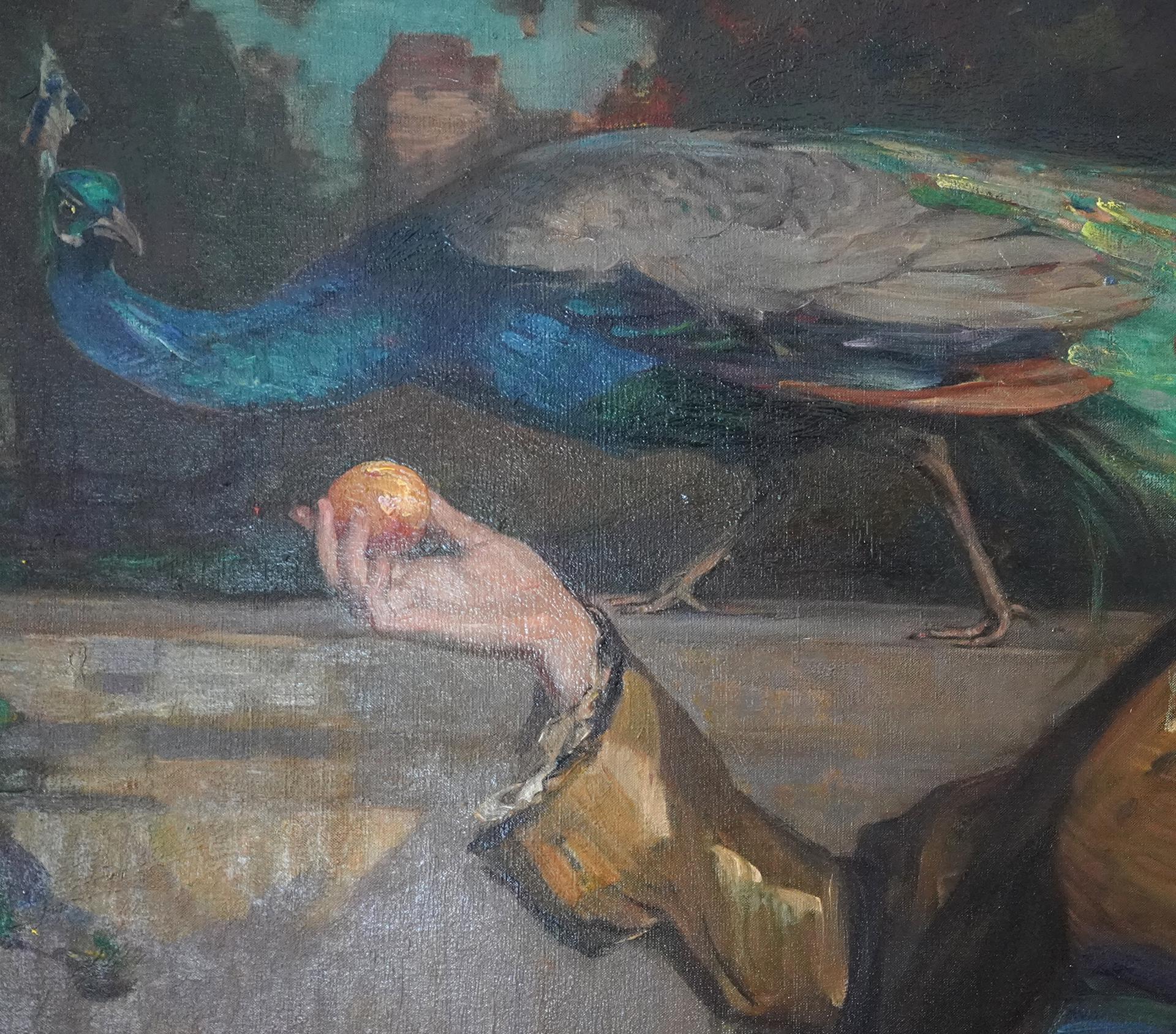 La Manzana de Oro - RSA británica exh arte retrato femenino pintura al óleo pavo real pájaro - Portrait Painting Marrón de Robert Hope