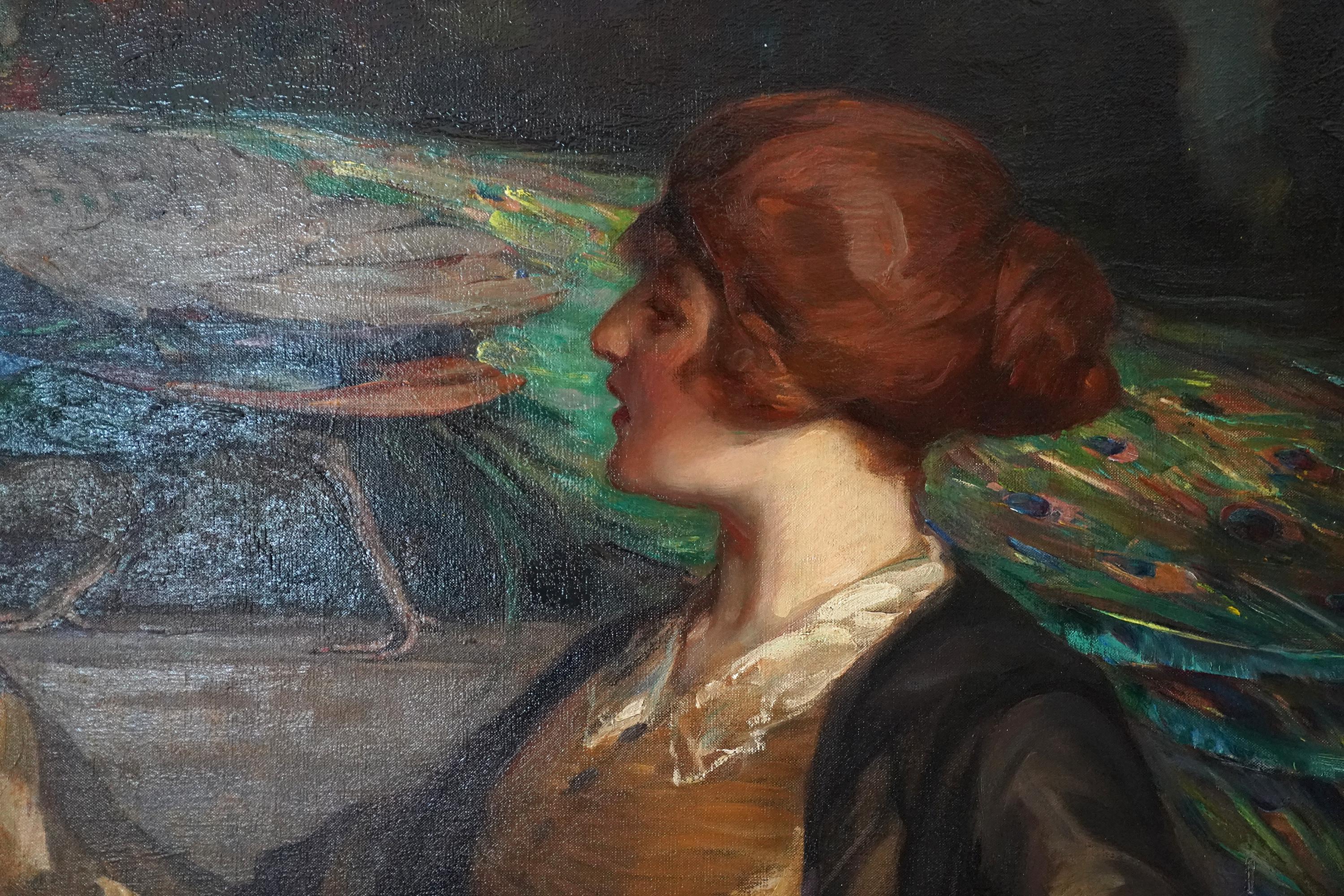 La Manzana de Oro - RSA británica exh arte retrato femenino pintura al óleo pavo real pájaro en venta 1
