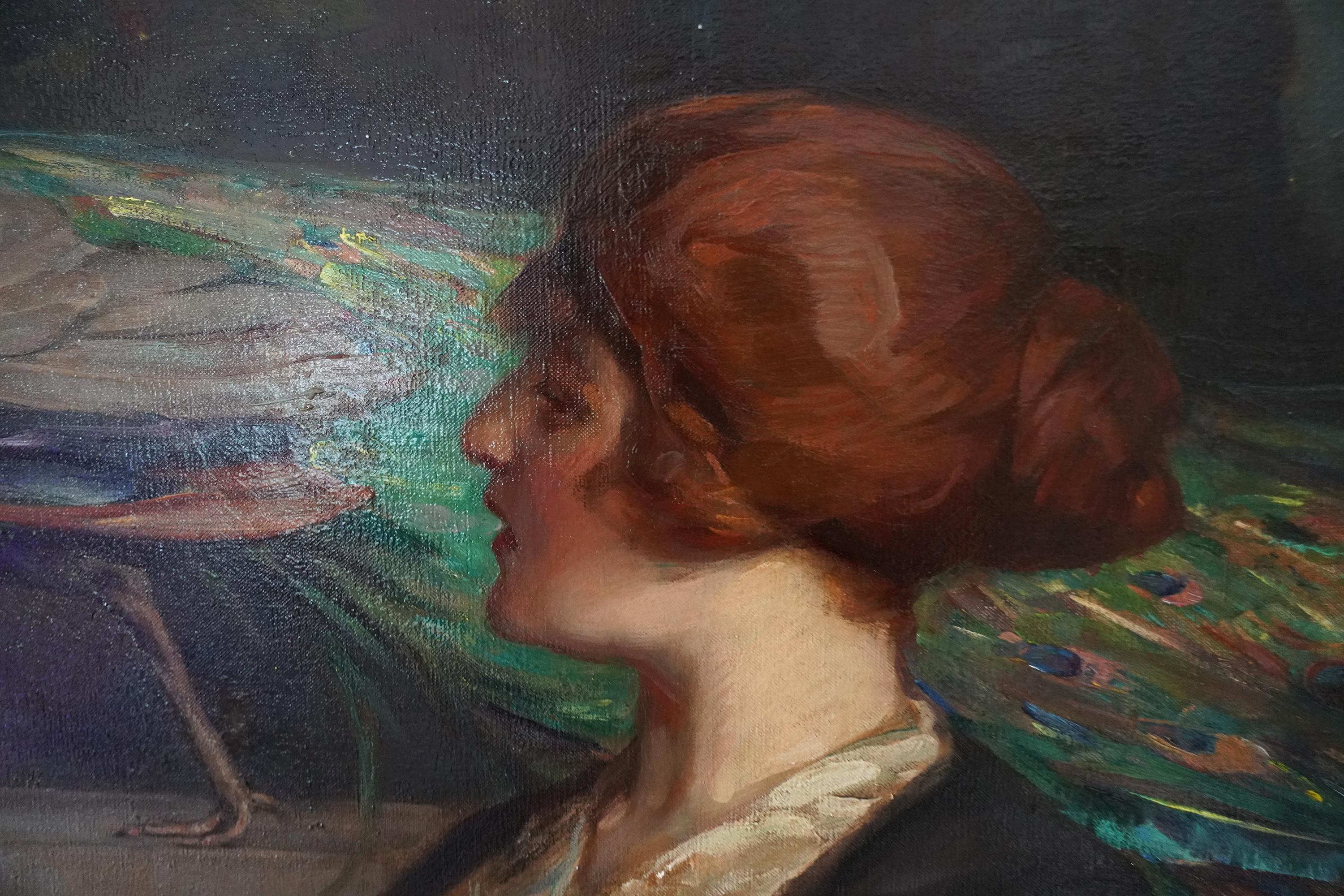 La Manzana de Oro - RSA británica exh arte retrato femenino pintura al óleo pavo real pájaro en venta 2