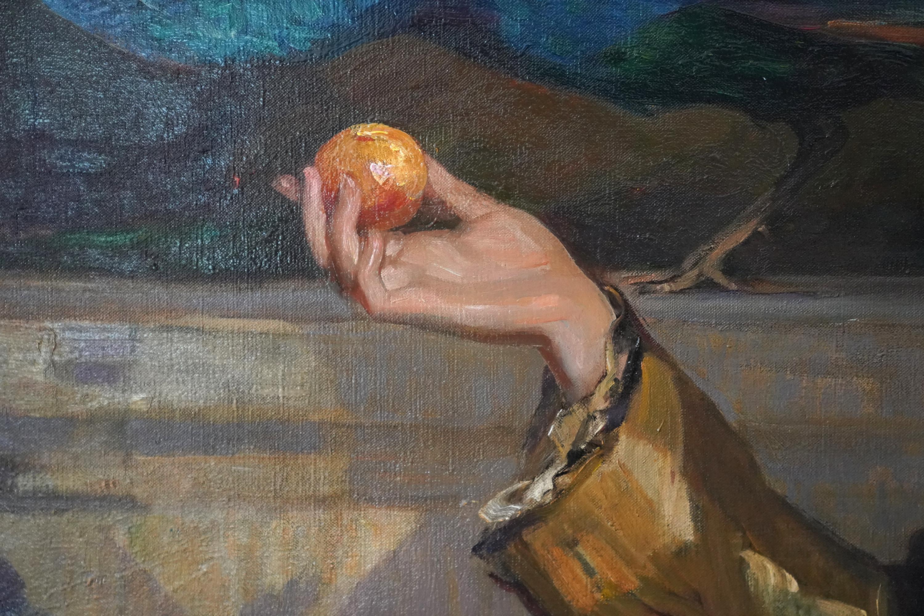 La Manzana de Oro - RSA británica exh arte retrato femenino pintura al óleo pavo real pájaro en venta 4