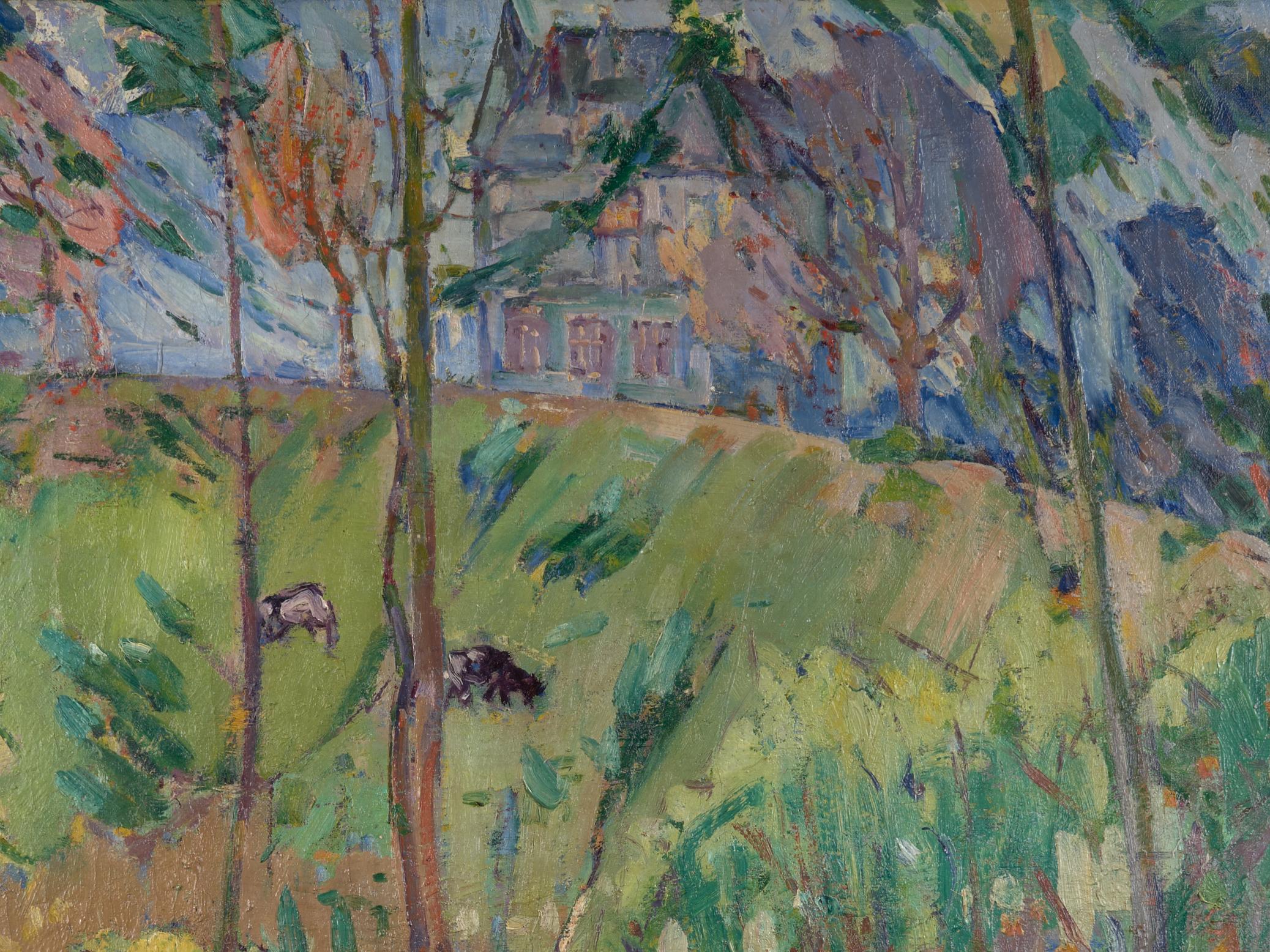 A very nice fauvist painting of a country landscape in muted colors by Robert Houpels a post-impressionist landscape and marine painter. After living in Uccle and Woluwe St Pierre, the artist settled in London in 1935.The painting is framed with a